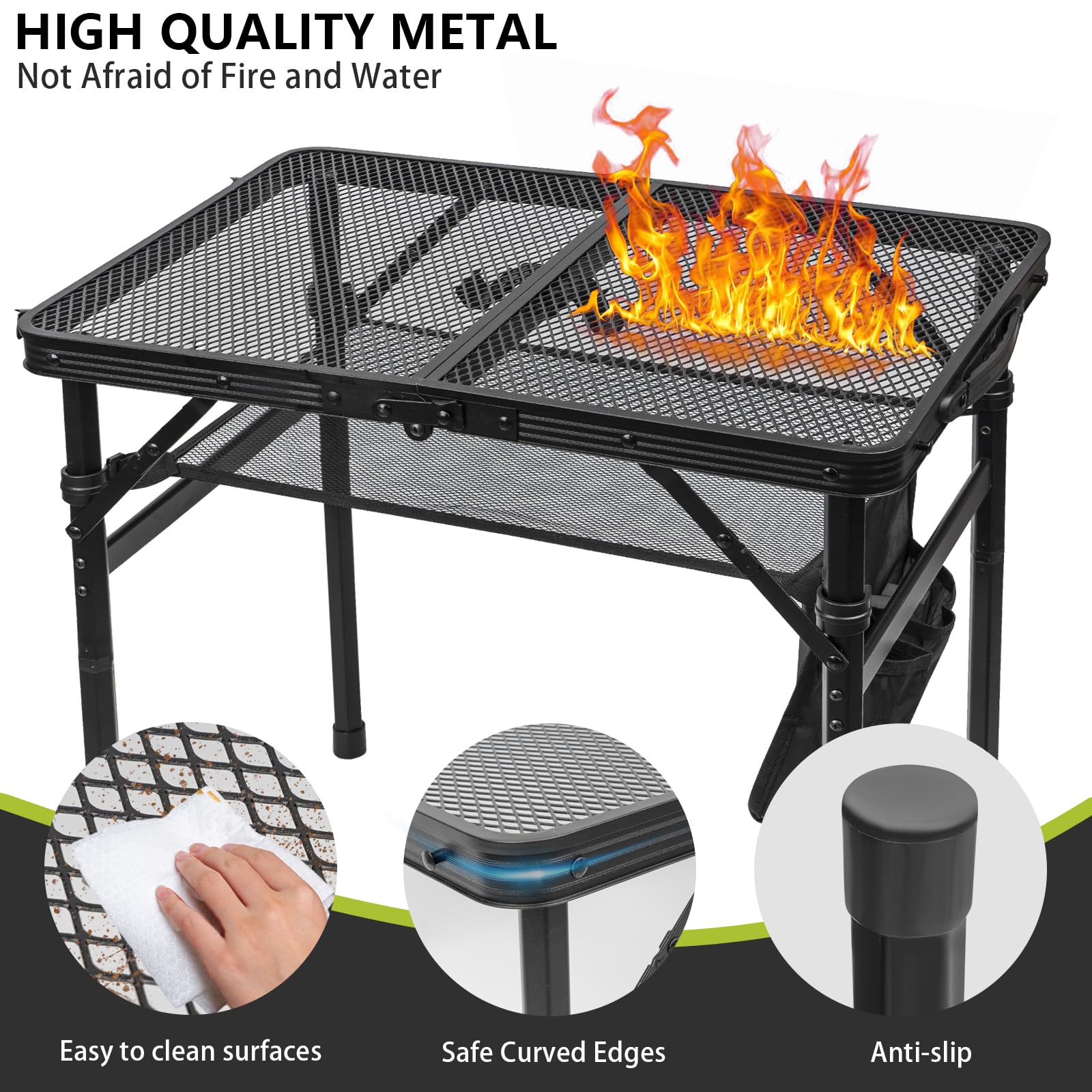Portable Folding Grill Table - 2X1.3 FT Adjustable Height Outdoor Cooking Table with Mesh Top | Perfect for Camping, Picnics, BBQ, Beach & Backyard Gatherings | Durable & Compact Design for Easy Transport & Storage