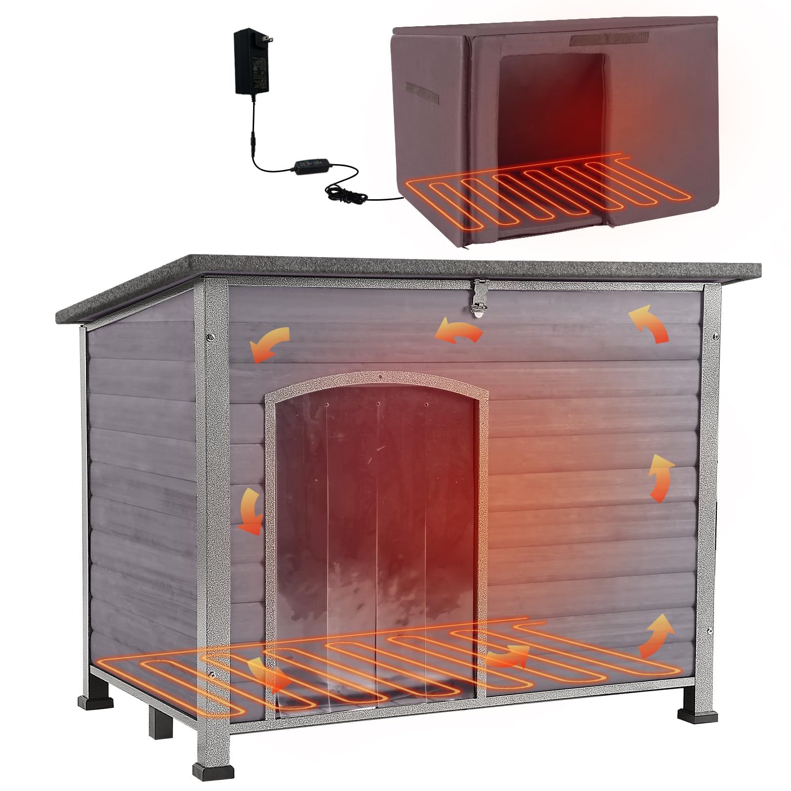 Aivituvin Heated Outdoor Dog House - Insulated Dog Kennel with All-Around Iron Frame, Waterproof Roof - Large Dog Cage for Small, Medium & Large Dogs - Perfect for Winter, Backyard, and Patio Use