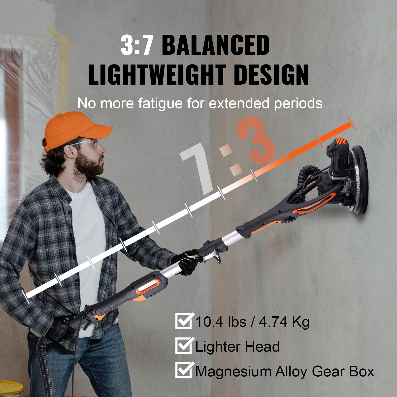 VEVOR 900W Electric Drywall Sander with 12 Sanding Discs, Variable Speed 800-1800 RPM, 3 Suction Ducts & Dust Bag - Foldable Ceiling Sander with Extendable Handle & 2 LED Lights for Wall and Ceiling Sanding - Perfect for Home Renovation, DIY Projects, and Professional Construction Work