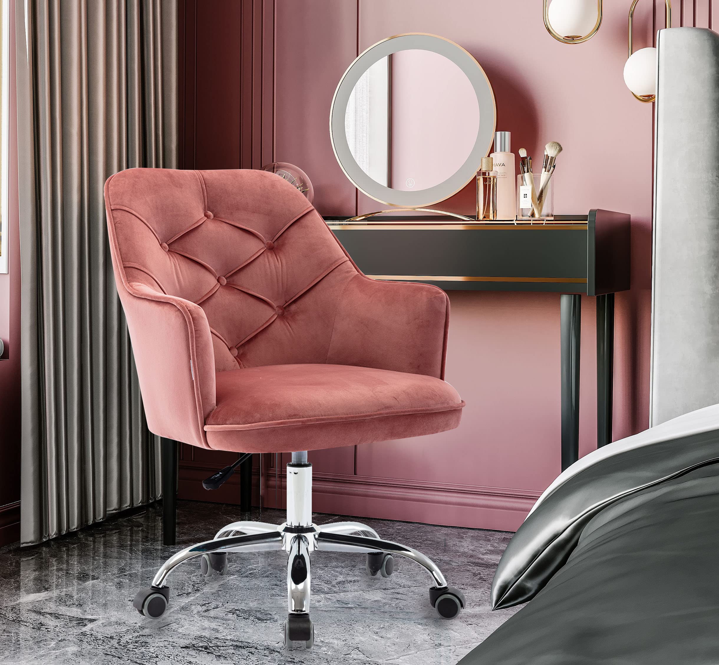 Yoluckea Modern Velvet Office Chair - Adjustable Swivel Desk Chair with Lumbar Support for Home Office, Living Room, Study & Vanity - Ergonomic Executive Task Chair for Adults & Teens (Pink) - Perfect for Remote Work, Gaming & Makeup Stations