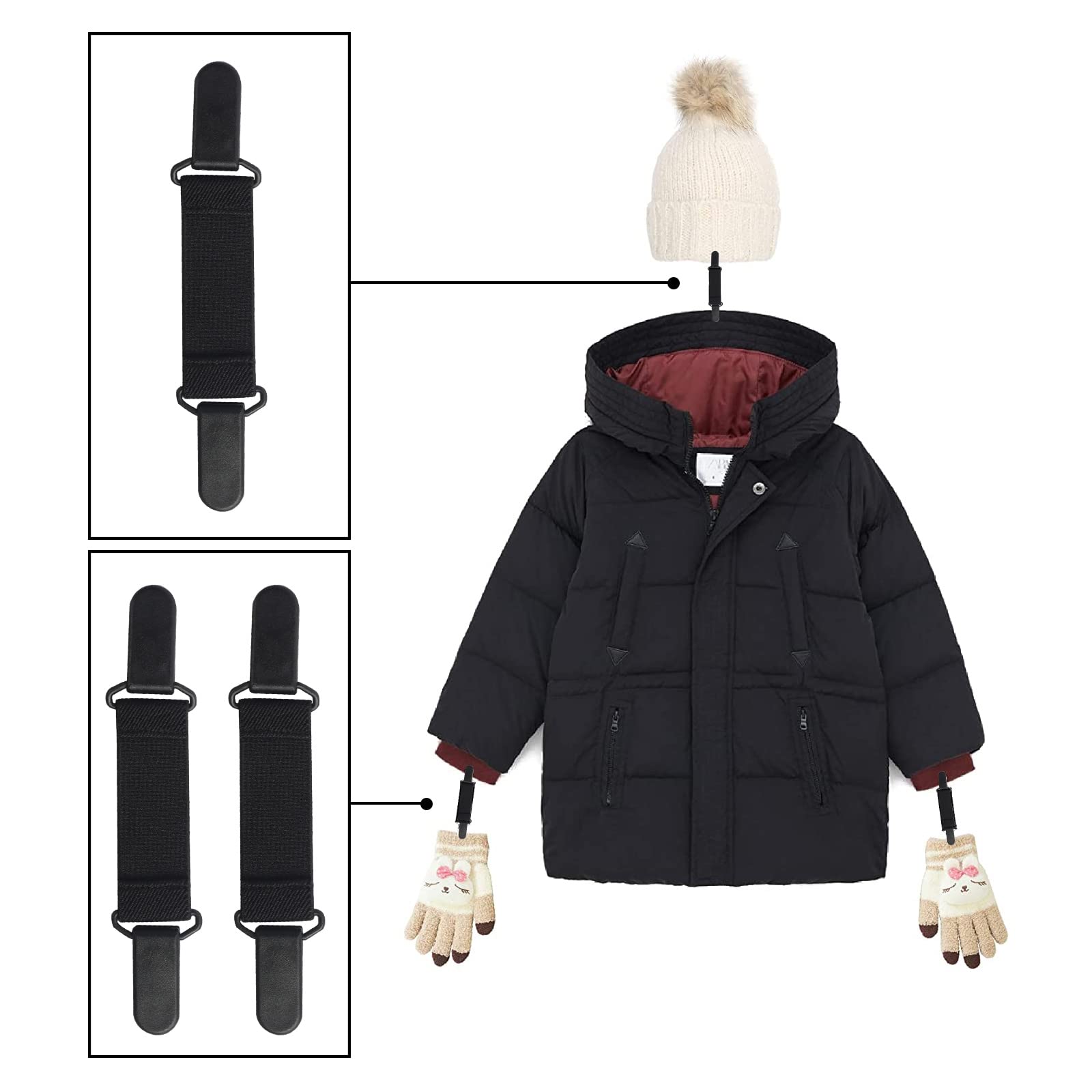 4 Pack Anti-Lost Mitten Clips for Kids & Adults - Winter Hat & Glove Holders with Adjustable Elastic Straps - Perfect for Toddlers, Boys & Girls - Keep Mittens Secure During Outdoor Play, Skiing & Snow Activities