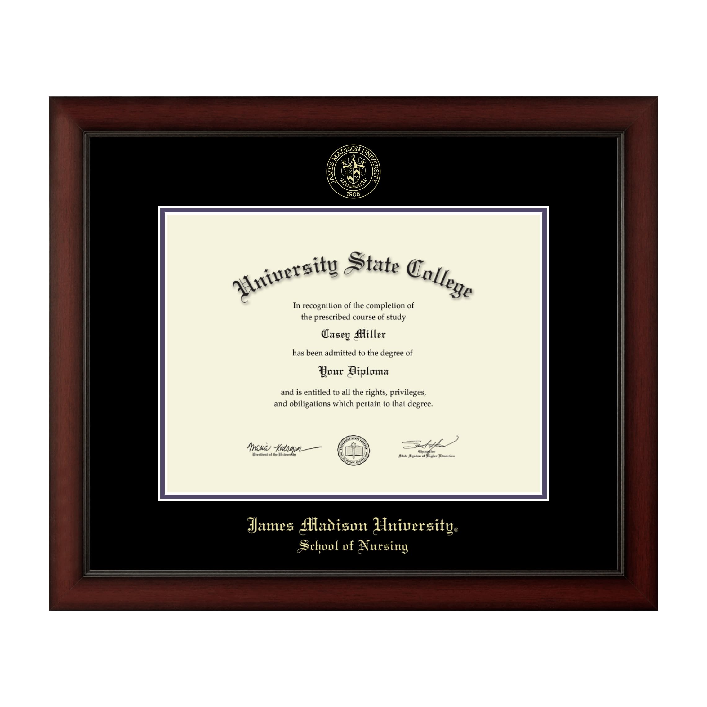 James Madison University Nursing Diploma Frame 16x12 Inches - Gold Embossed Cherry Wood Frame with Black & Purple Mat - Fits Bachelor's, Master's & PhD Degrees - Perfect for Graduation Gifts & Office Decor
