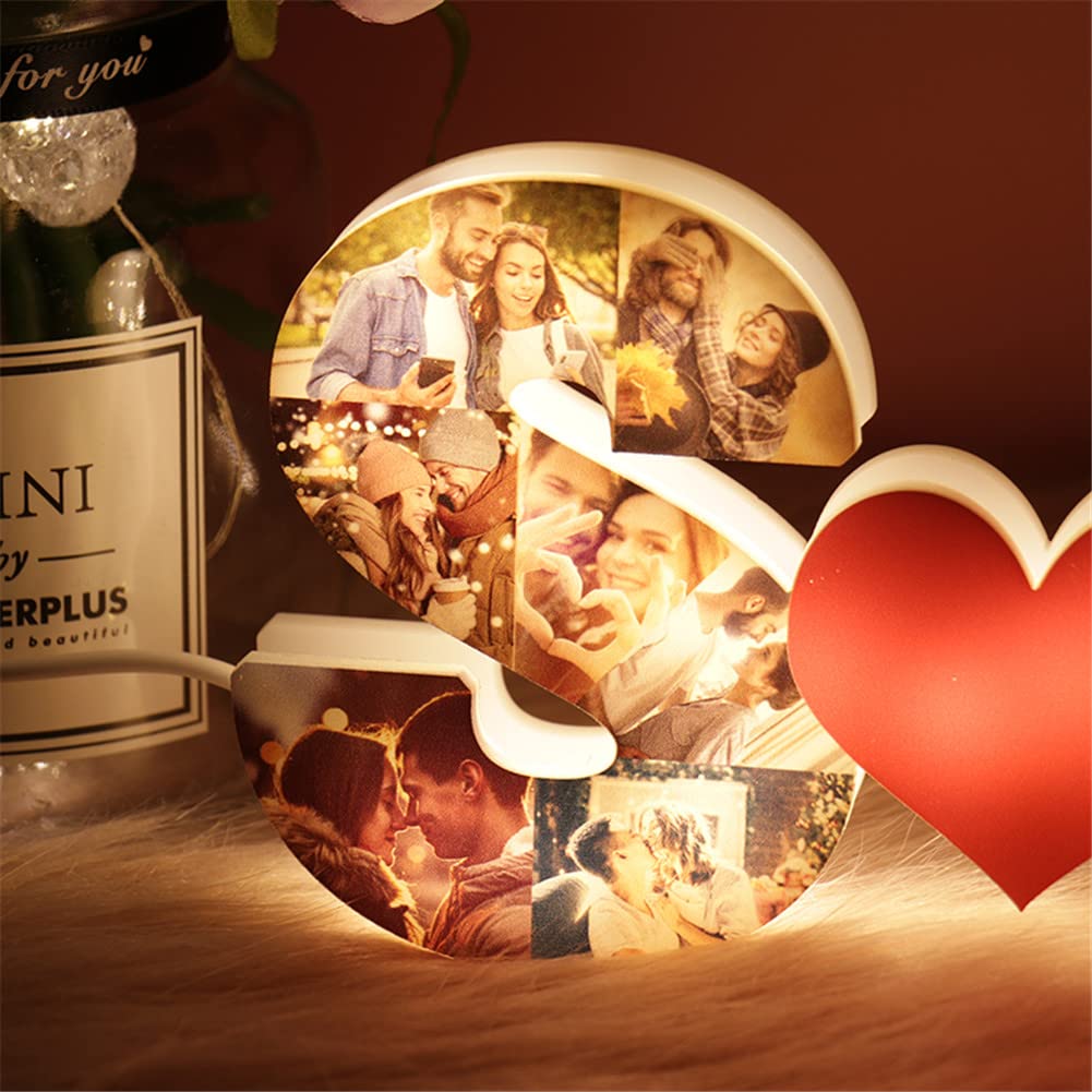 Personalized Alphabet Heart Photo Lights - Custom Letter Collage Night Lamp for Bedside Table - Family Picture Frame Gift for Mom, Dad & Wife - Perfect for Bedroom Decor, Anniversary & Valentine's Day Gifts