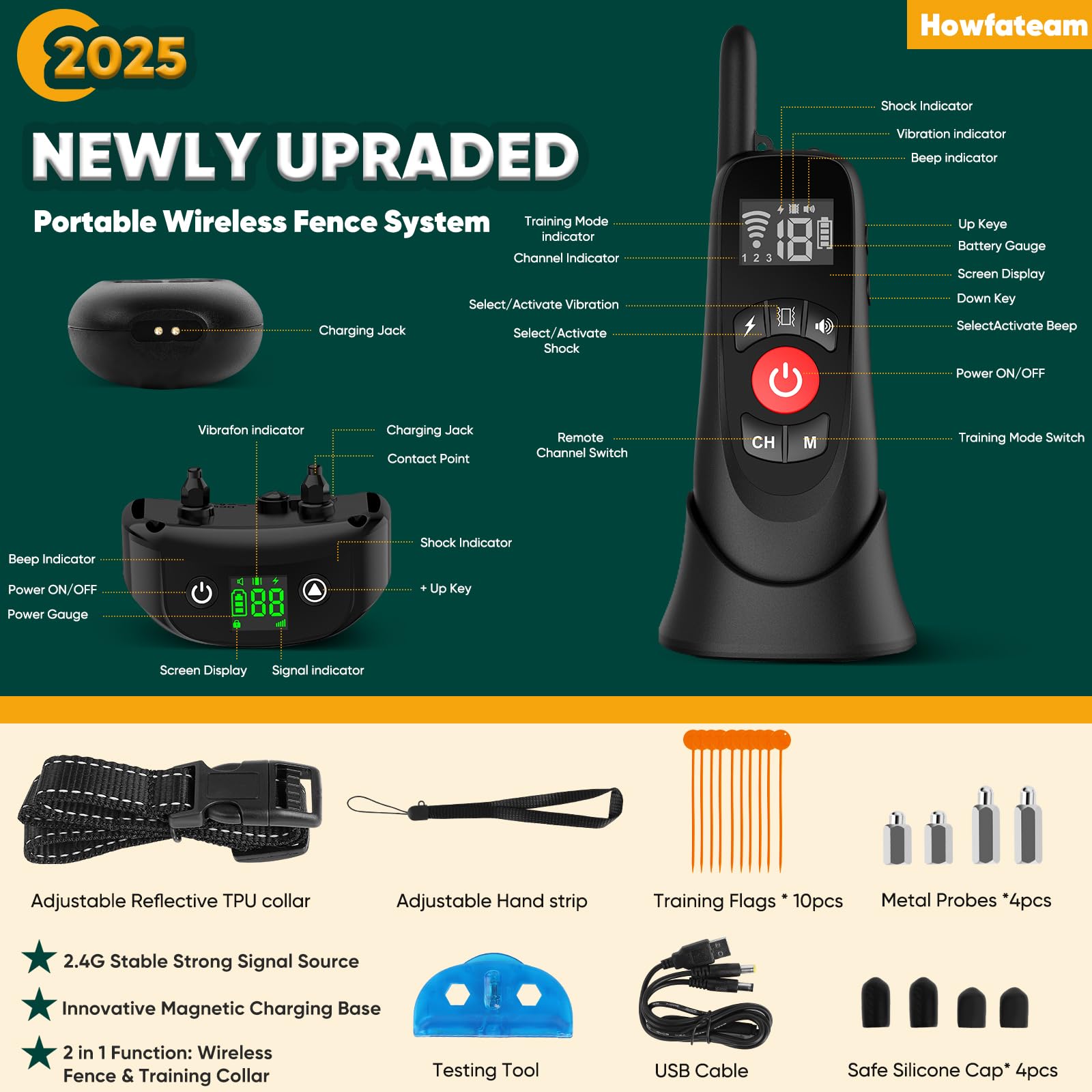 Wireless Dog Fence System - 2-in-1 Electric Pet Fence with Smart Magnetic Charging Base | Adjustable Warning Collar for Small, Medium & Large Dogs | Portable Outdoor Dog Perimeter Fence for Backyard, Yard & Garden Safety