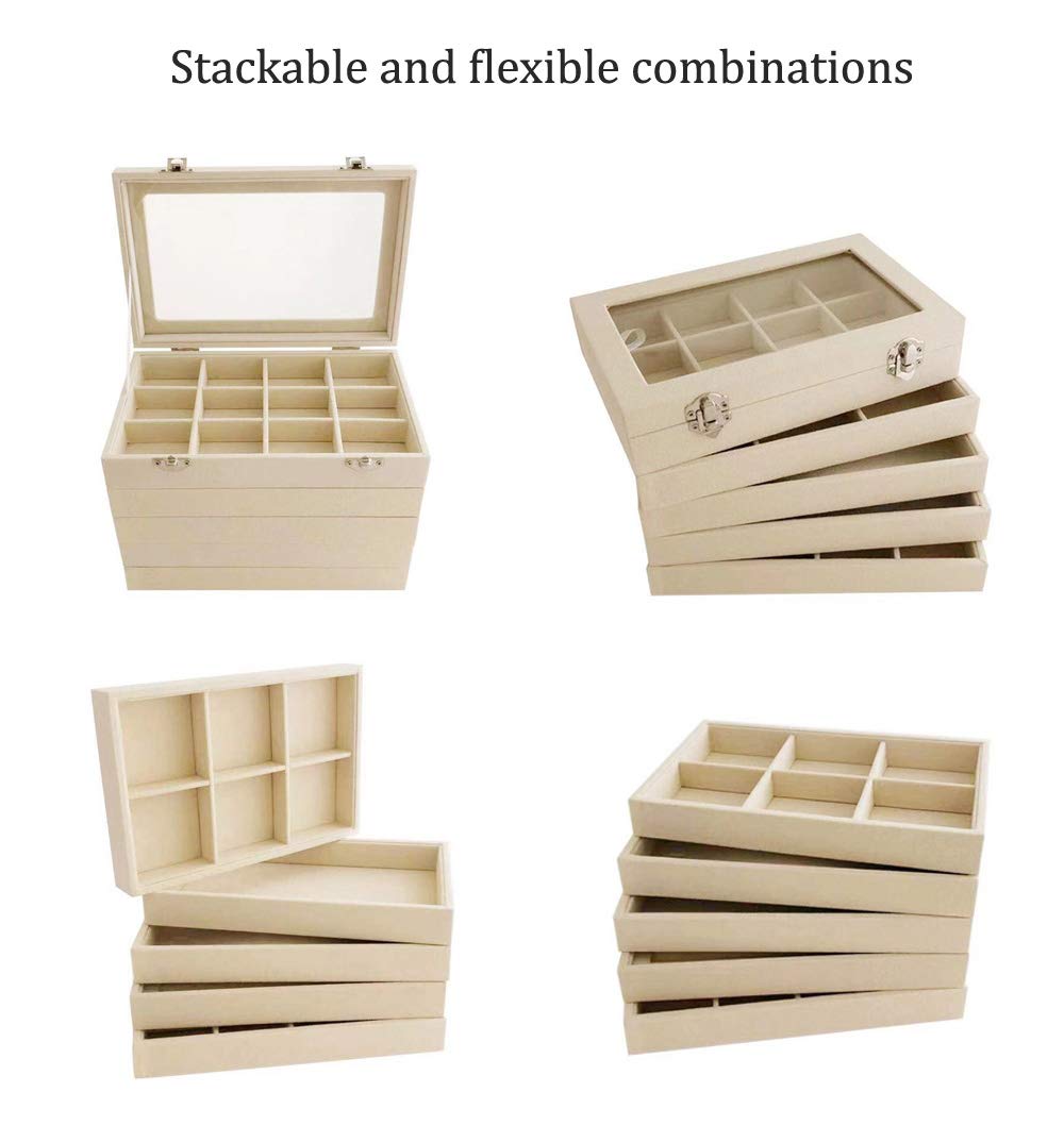 Premium Light Beige Jewelry Organizer Tray - 6 Grid Stackable Drawer Divider for Necklaces, Rings & Earrings | Closet & Vanity Storage Solution
