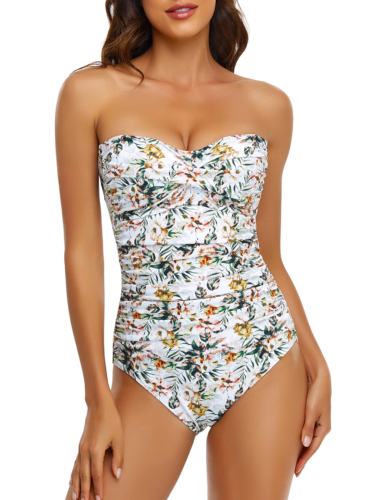 Ocean Blues Women’s Bandeau One Piece Swimsuit with Molded Cups & Tummy Control - Sexy Shirring Design for Beach, Pool & Vacation | Plus Size Swimwear