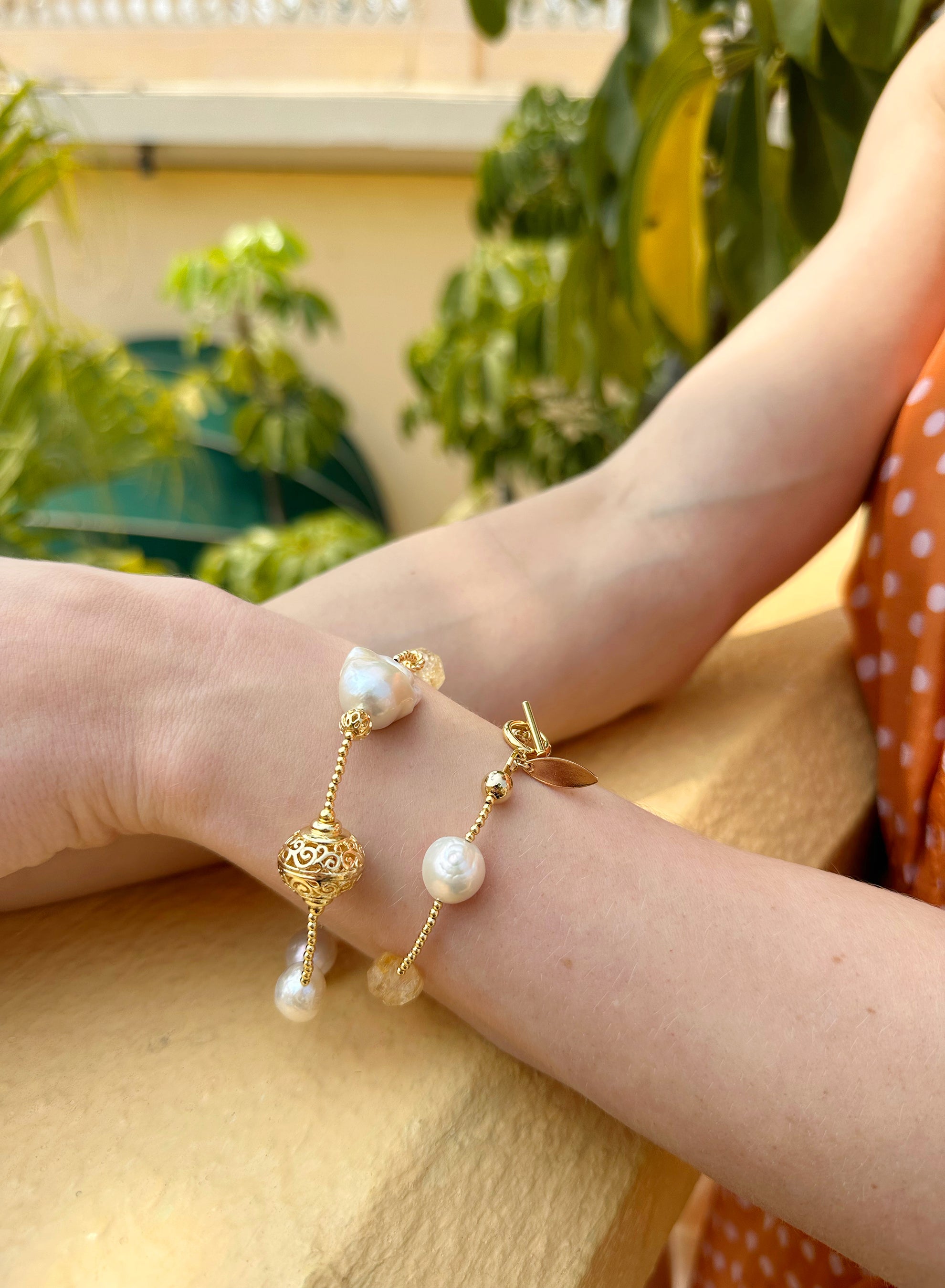 Natural Citrine & Freshwater Pearl Double Layer Bracelet for Women - Elegant Boho Jewelry Gift for Birthday, Anniversary & Special Occasions