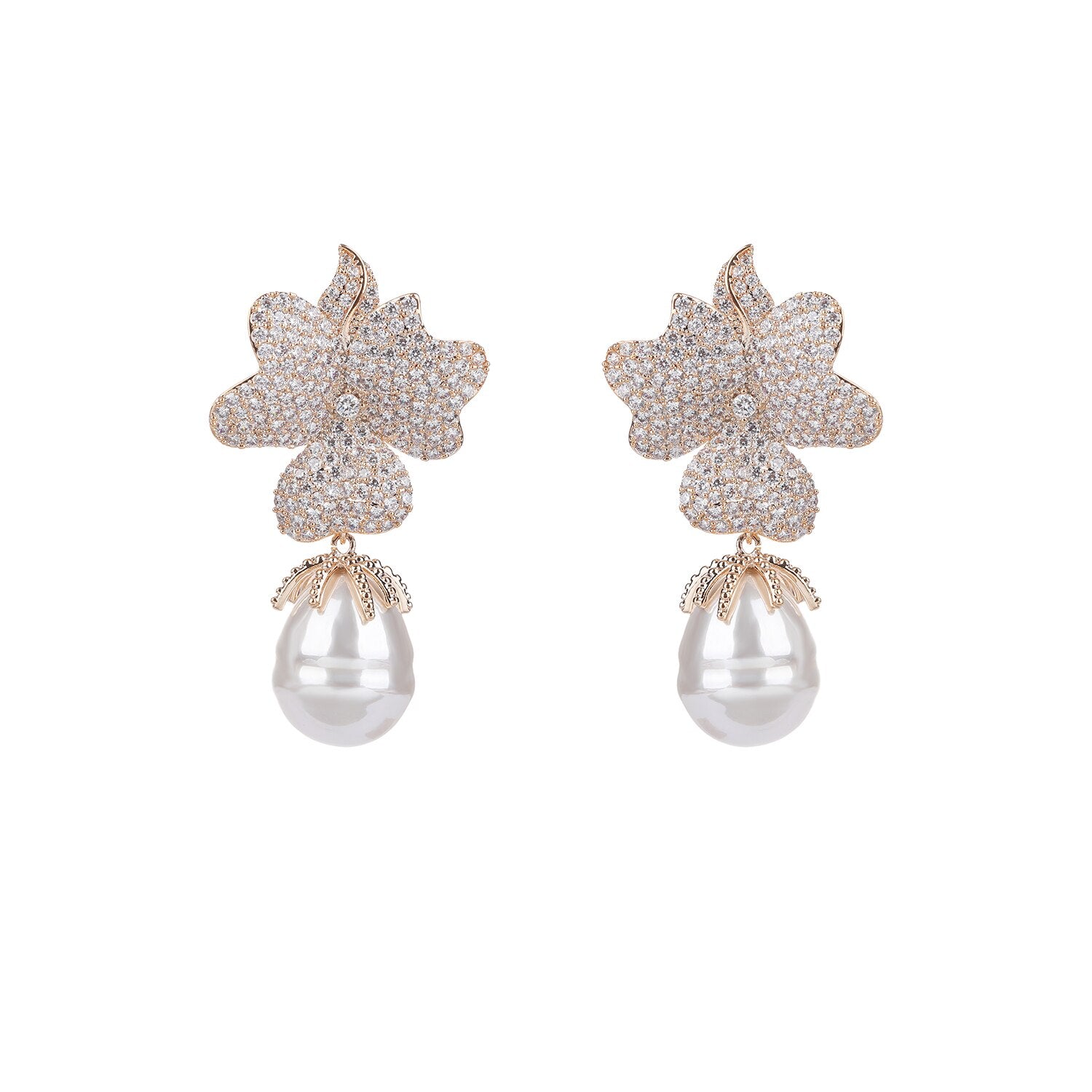 Elegant Multicolor Cubic Zirconia Leaf Earrings with Pearl Flower Accents - Perfect for Weddings, Parties & Special Occasions - Ideal Women's Gift (CE11034)