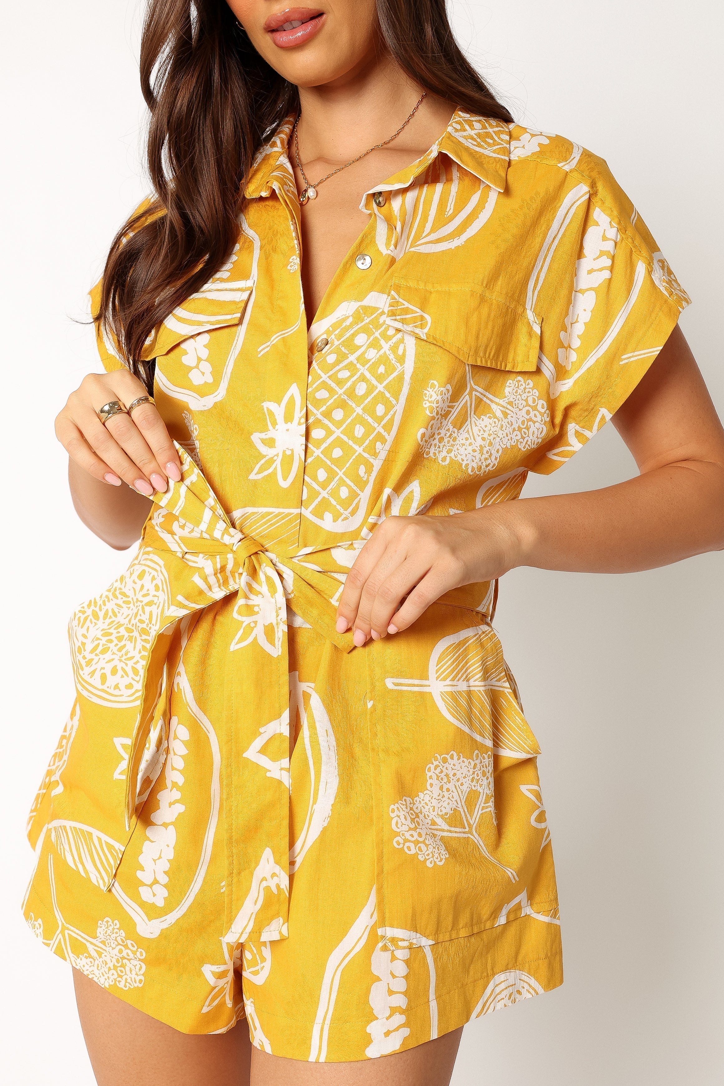 Georgina Tie Waist Romper for Women - Stylish Yellow Jumpsuit for Summer, Beach, and Casual Outings