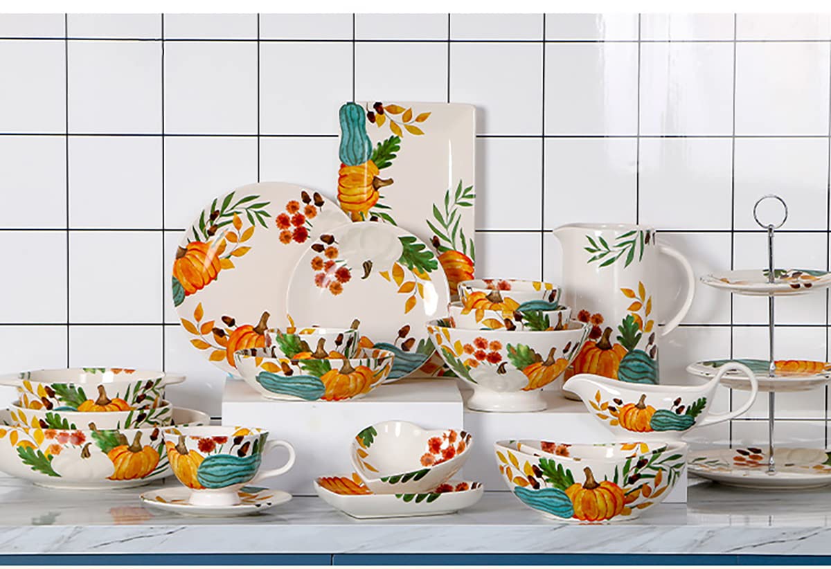 Pumpkin and Leaves Pattern Ceramic Gravy Boat with Ergonomic Handle - 12 oz Sauce Boat for Salad Dressing, Creamer, Broth & Black Pepper - Perfect for Thanksgiving, Dinner Parties & Holiday Table Settings