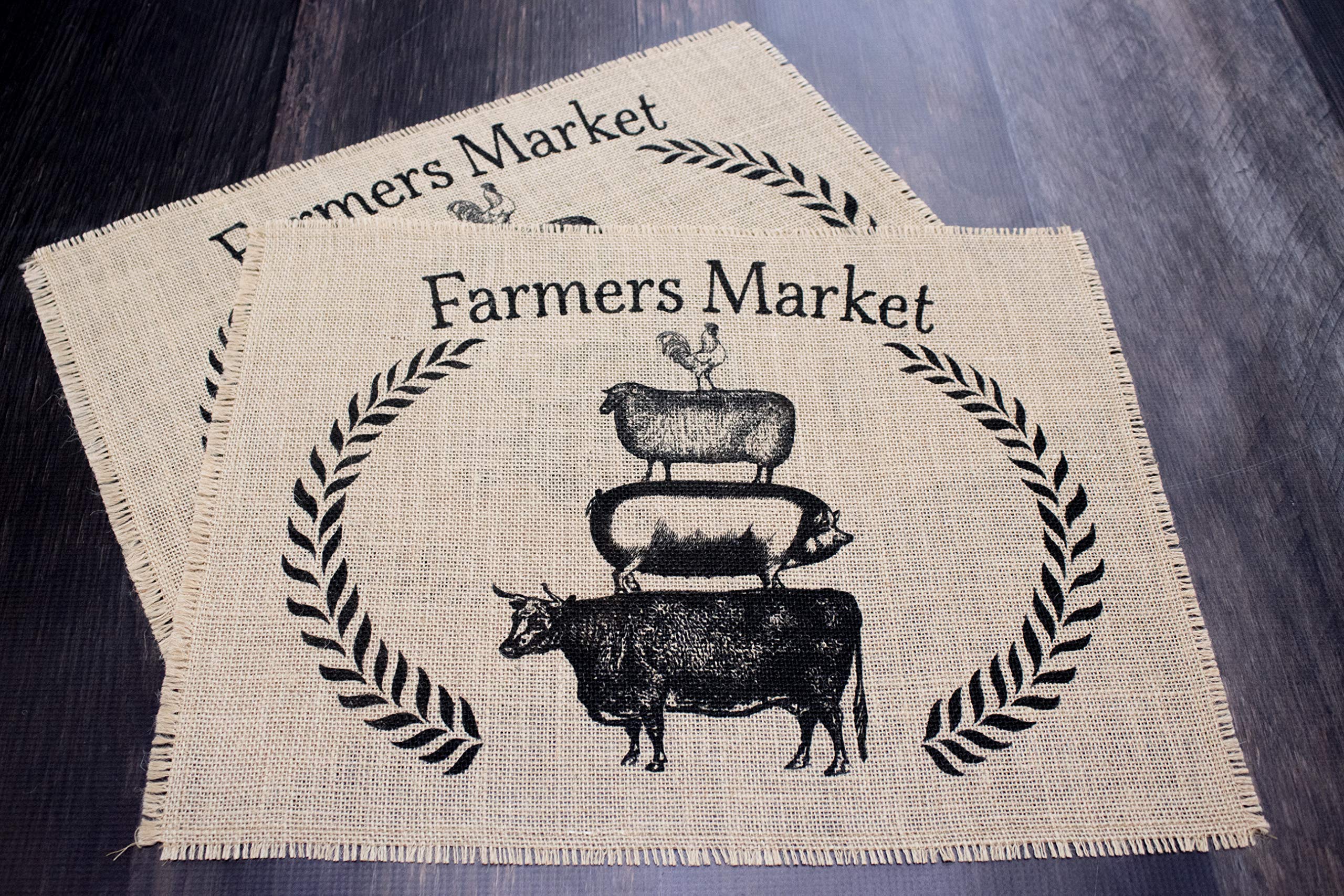 Farmers Market Burlap Placemats Set of 2 - Rustic Natural Jute Table Mats for Dining Room Decor, Kitchen Table Setting, and Farmhouse Style Home Accessories