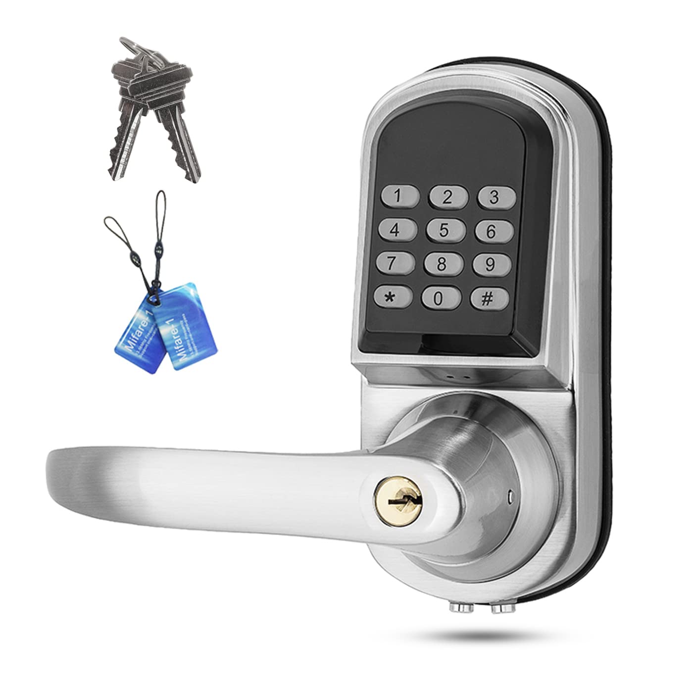 Smart Keyless Entry Auto-Lock Door Handle with Keypad & FOB Card - Left Handed Installation for Front Door Security | Perfect for Homes, Apartments & Vacation Rentals