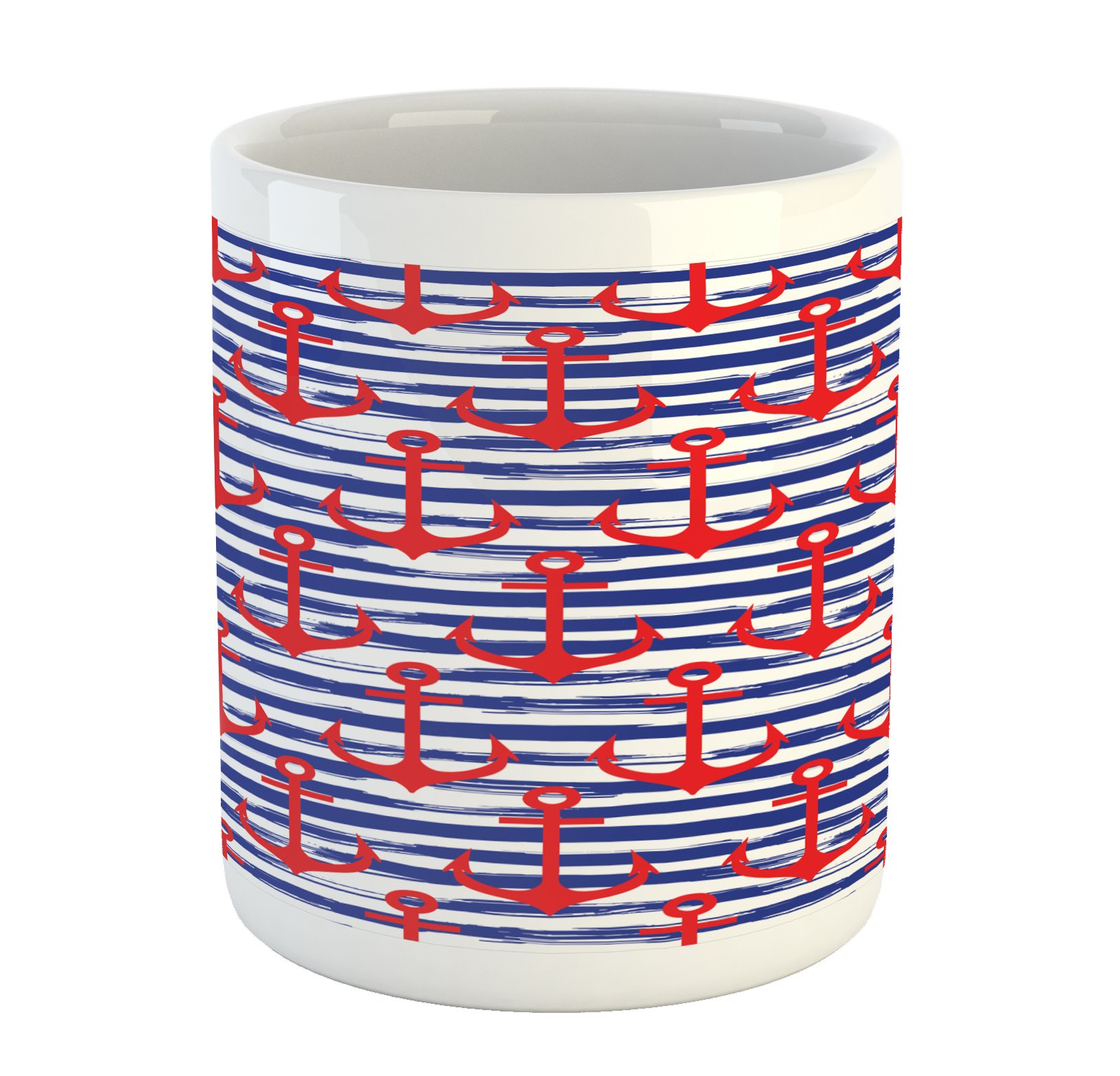 Lunarable Anchor Mug - Printed Ceramic Coffee Cup for Tea & Water, Navy Blue Red White Striped Design with Geometric Anchor Art - Perfect for Holiday Parties, Office Use & Home Decor