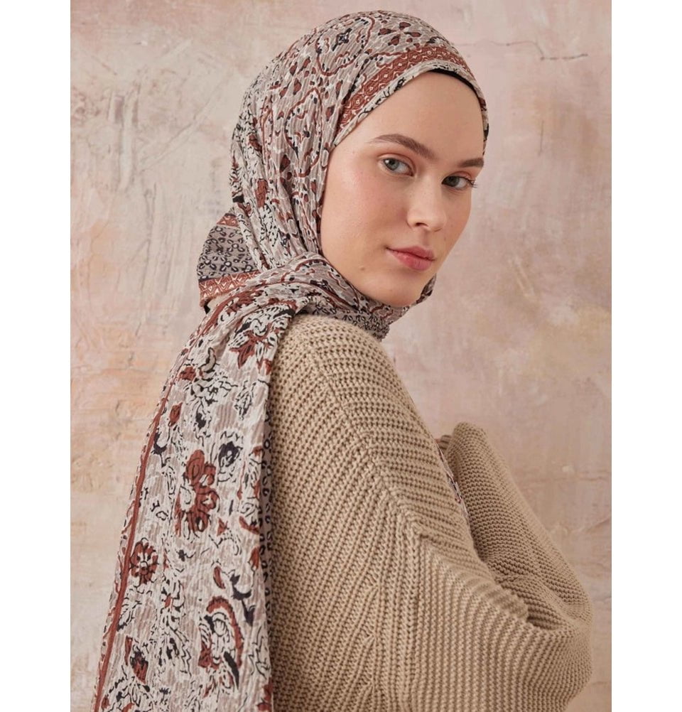 Abstract Floral Crinkle Cotton Hijab Shawl - Soft Muslim Headscarf Wrap for Women - Cinnamon Brown - Perfect for Prayer, Modest Fashion & Everyday Wear