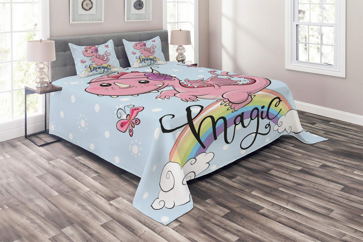 Ambesonne 3-Piece King Size Dragon Quilted Bedspread Set with 2 Pillow Shams - Pink Cartoon Animal & Rainbow Magic Typography in Pale Blue Multicolor | Fantasy Themed Bedroom Decor for Kids & Teens