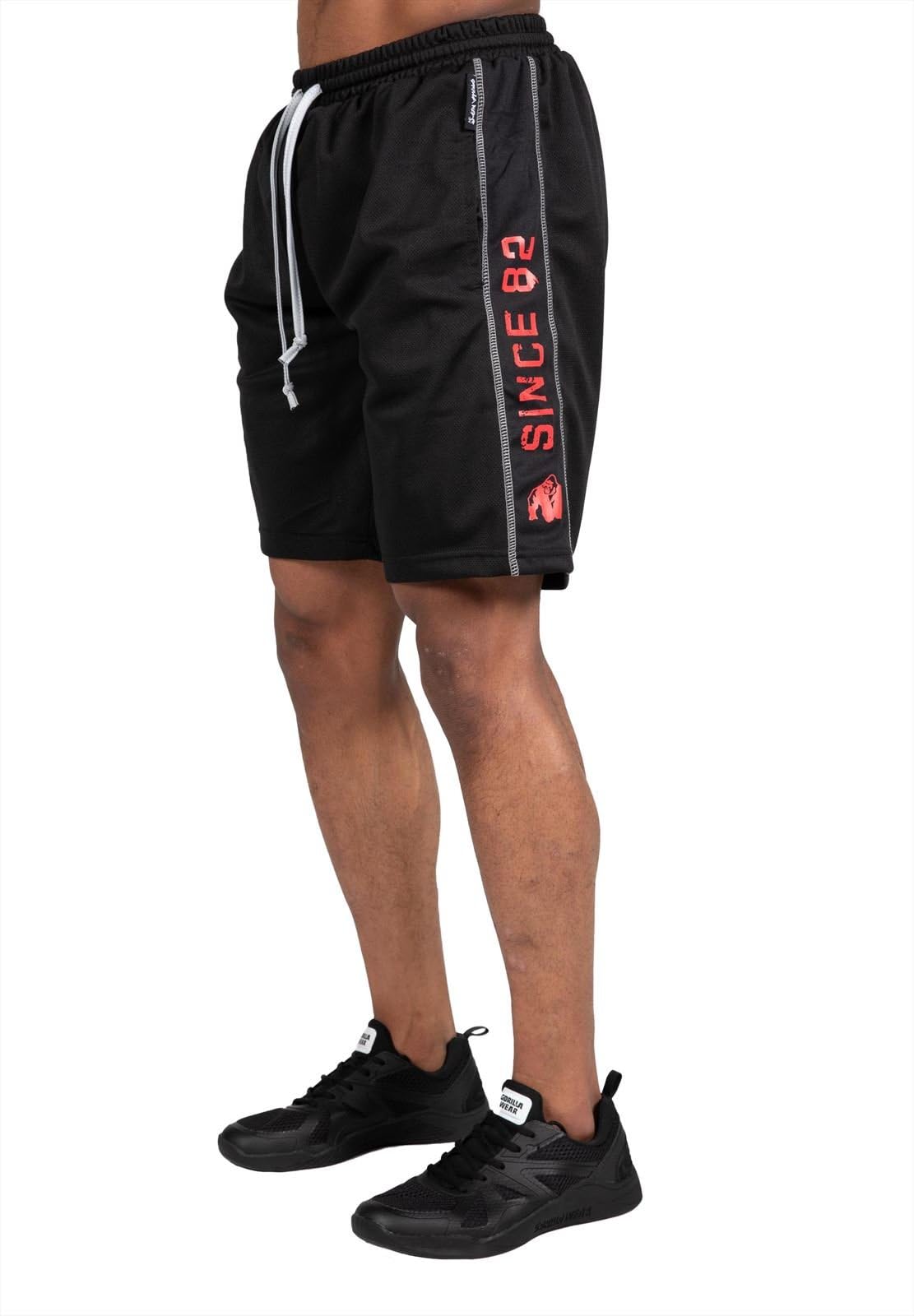 GORILLA WEAR Functional Mesh Shorts for Men - Breathable Workout Gym Running Shorts with Pockets, Black/Red - Perfect for Training, Jogging & Outdoor Sports