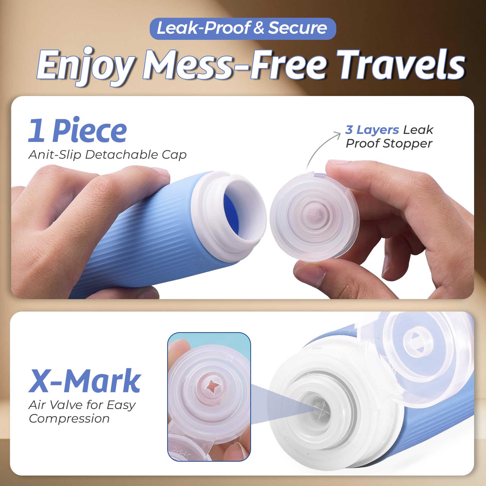 3 Oz Silicone Travel Bottles Set of 5 - TSA Approved Leak Proof Squeezable Toiletry Containers with Zipper Pouch & Labels for Shampoo, Conditioner, Lotion (Blue) - Perfect for Air Travel, Gym, Camping & Vacation Essentials