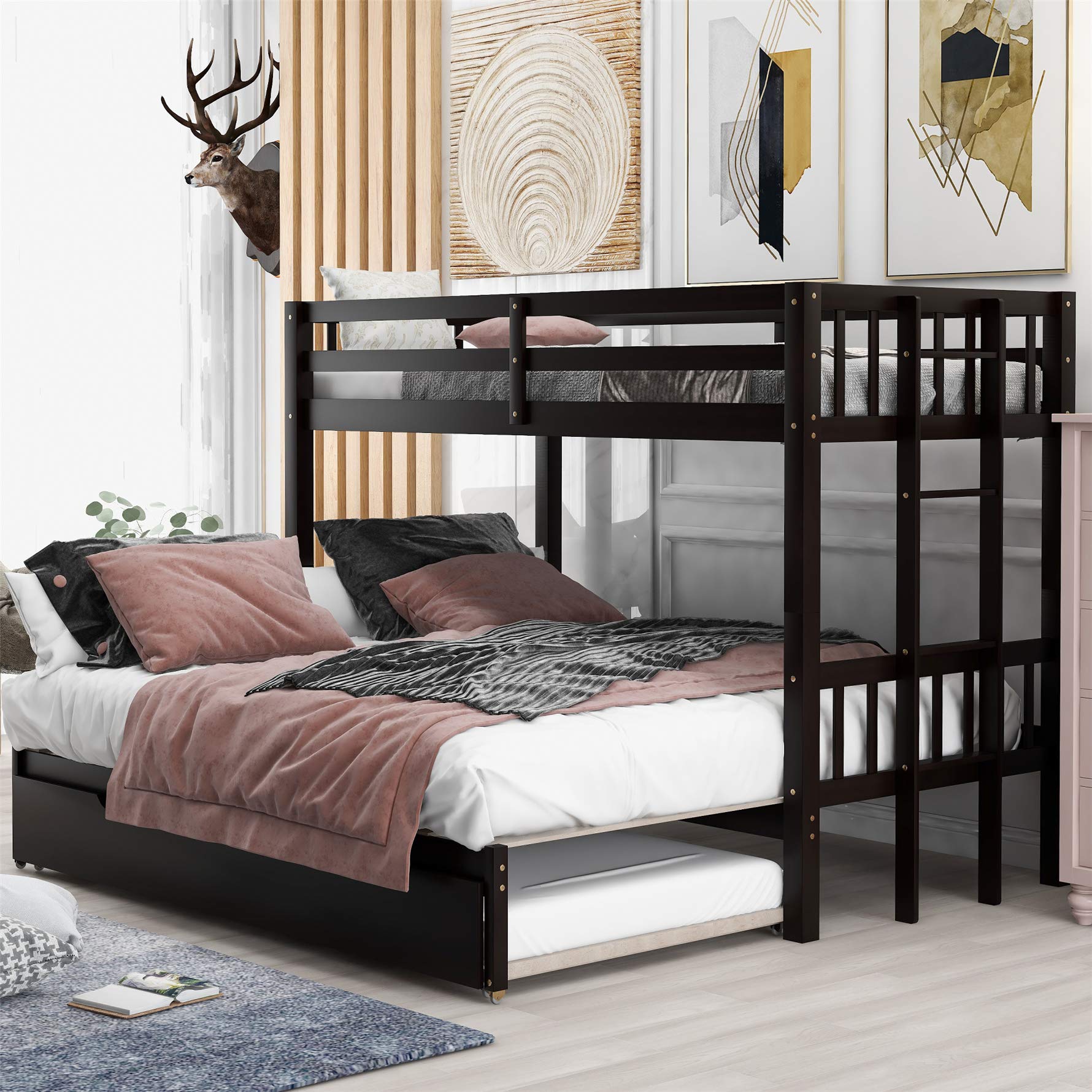 Twin Over Twin Bunk Bed with Trundle - Expandable Wooden Bunk Bed Frame for Kids - Convertible Bottom Bed to Twin/Double - Includes Ladder & Safety Rail - Espresso Finish - Perfect for Small Bedrooms, Guest Rooms & Kids' Shared Spaces