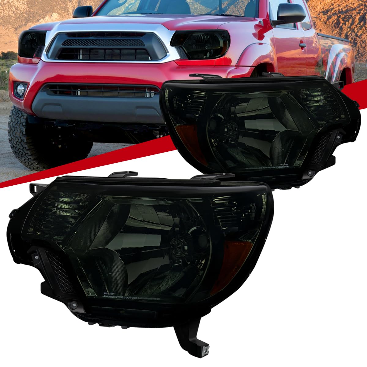 Smoke Tinted Replacement Headlights for 2012-2015 Toyota Tacoma - Pair of Black Lens Headlamps for Off-Road & Night Driving