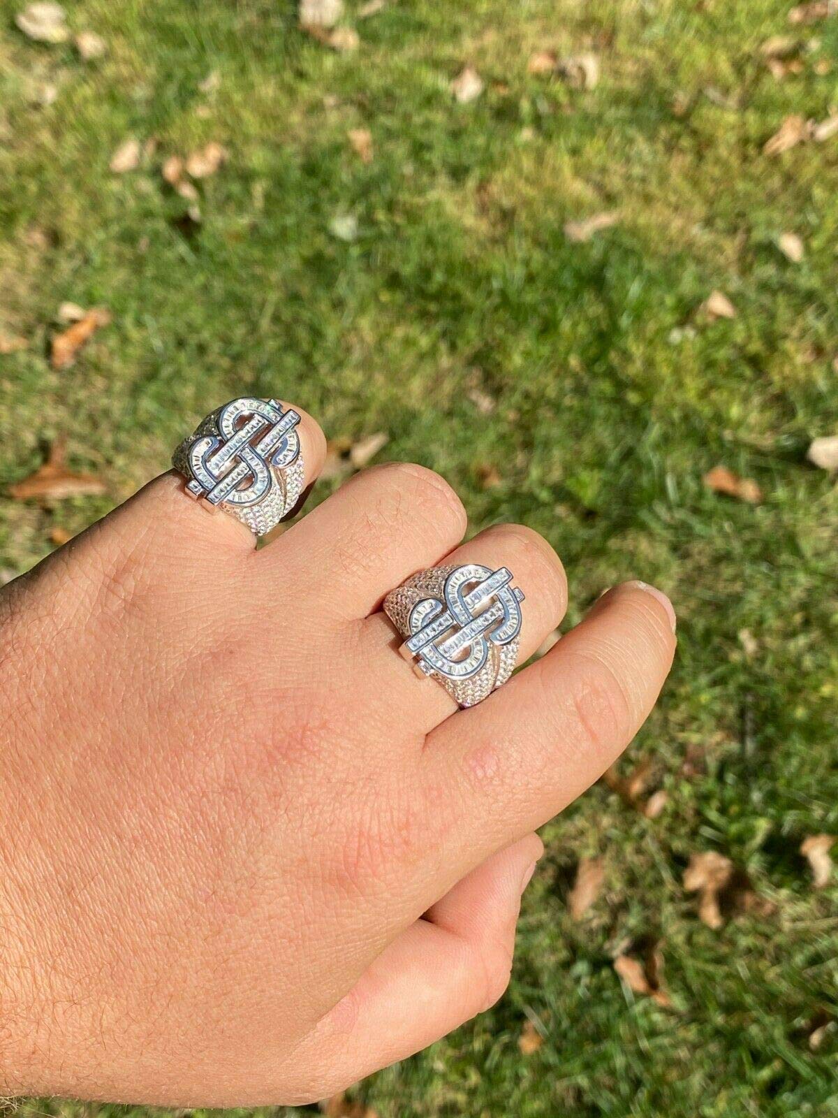 HarlemBling Solid 925 Sterling Silver Money $ Sign Ring for Men - Iced Baguette Diamond Hip Hop Jewelry - Sizes 7-13 - Perfect for Rappers, Hip Hop Artists & Streetwear Fashion