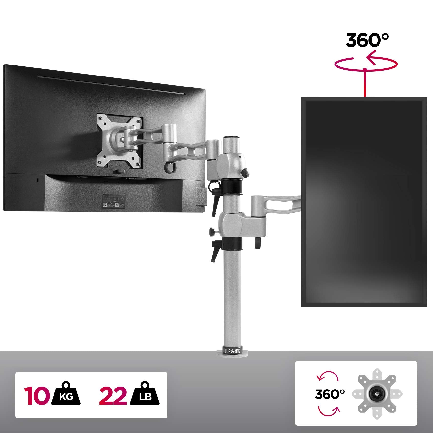 Duronic DM351X3 Single Monitor Arm - Adjustable Height VESA Mount for 13-27