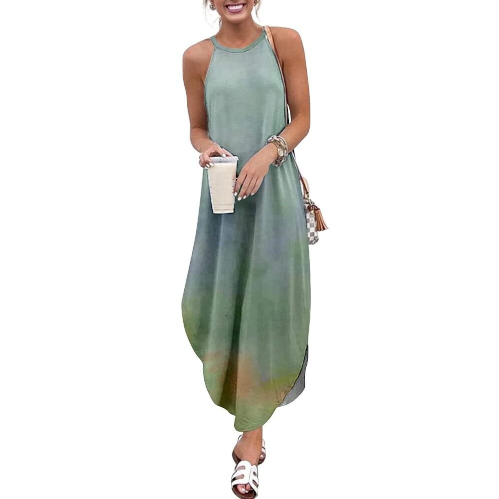 Weievarb Women's Summer Maxi Dress - Plus Size Loose Halterneck Sleeveless Gradient Print Long Dress for Elegant Party, Beach Vacation & Casual Outings
