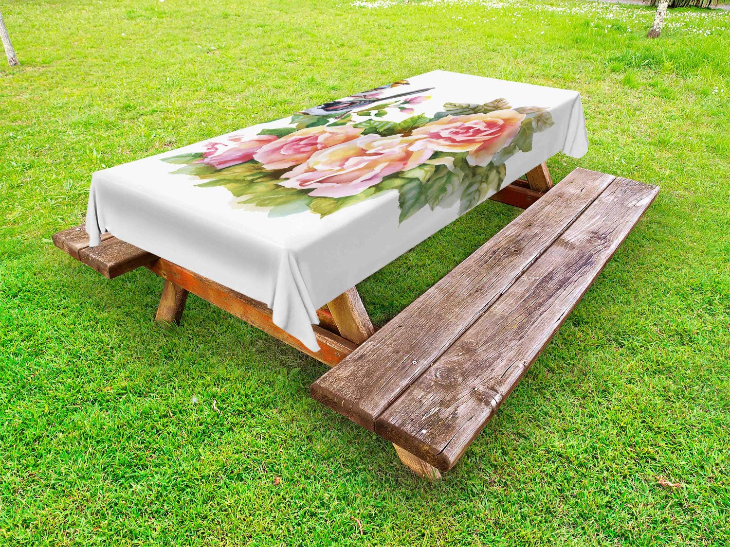 Ambesonne Watercolor Outdoor Tablecloth - Wild Exotic Birds & Roses Spring Floral Design, Decorative Washable Picnic Table Cover, 58