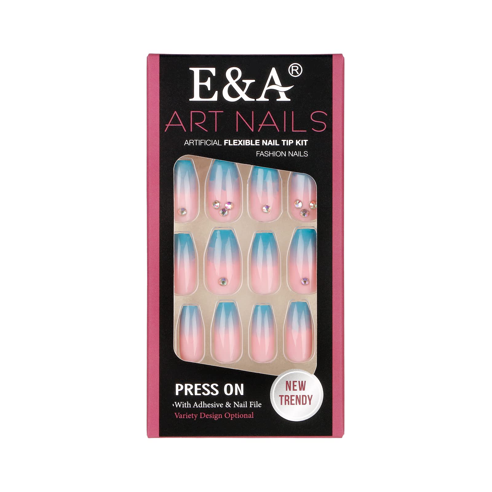 E&A Press On Nails - Blue Pink Gradient Rhinestone Acrylic Fake Nails | UV Finish Short Pointed Almond Shape, Reusable Pastel False Nails, 28PCS Manicure Kit for Parties, Weddings, and Daily Wear