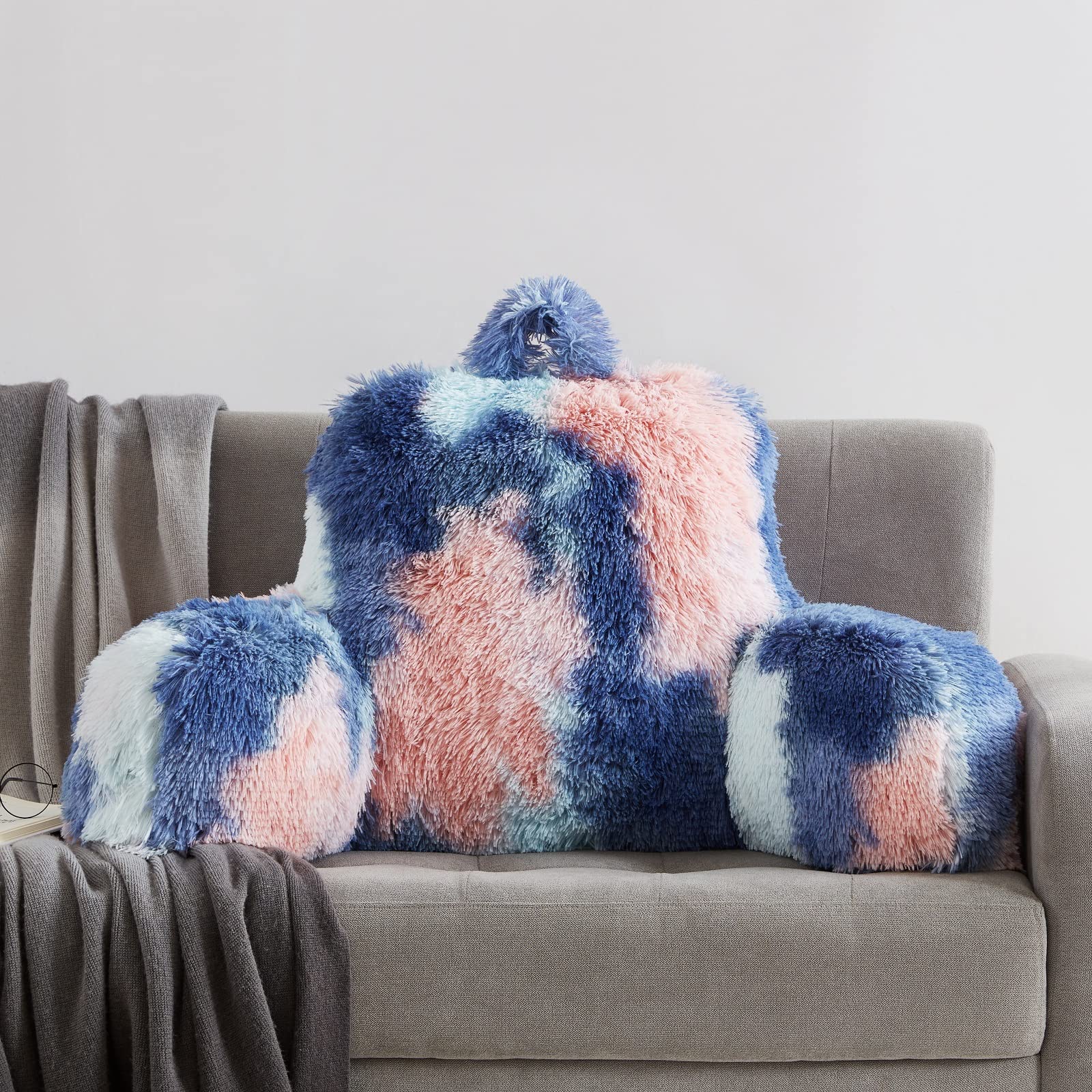 Ergonomic Reading Pillow for Adults - Soft Faux Fur Backrest with Arms, Supportive Bed Cushion for Sitting in Bed, Watching TV, or Studying - Perfect for College Dorms, Home Use & Relaxation