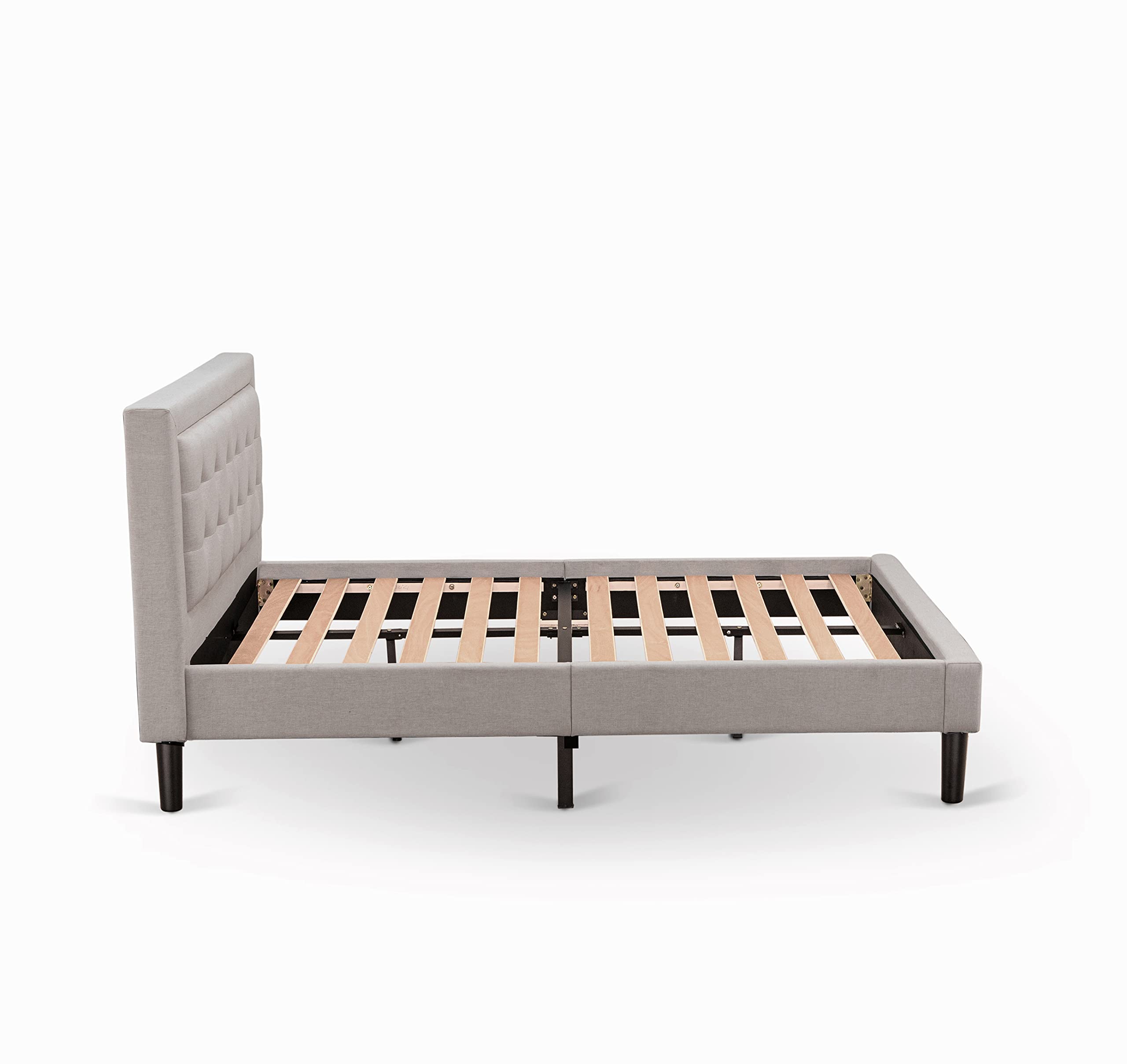 East West Furniture FNF-08-F Platform Full Size Bed Frame with Upholstered Headboard - Mist Beige Linen Fabric, Button Tufted Design, Black Legs - Modern Bedroom Furniture for Small Spaces & Guest Rooms