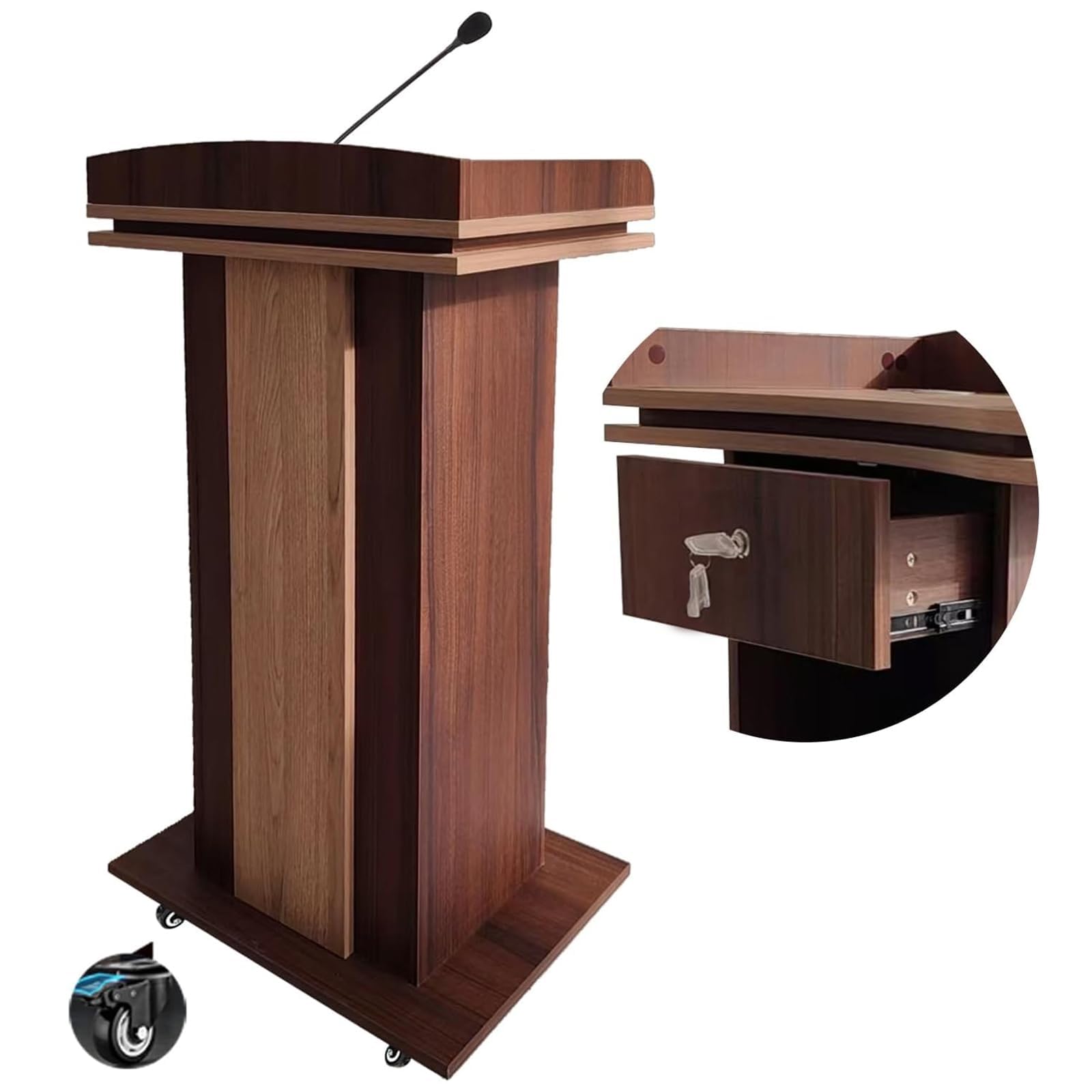 Premium Wooden Podium with Wheels - 2-Tier Storage & Locking Drawers | Silent Rollers & Thickened Board | Ideal for Church, School, Lectures & Conferences | Upgrade Hostess Stand for Professional Events & Presentations