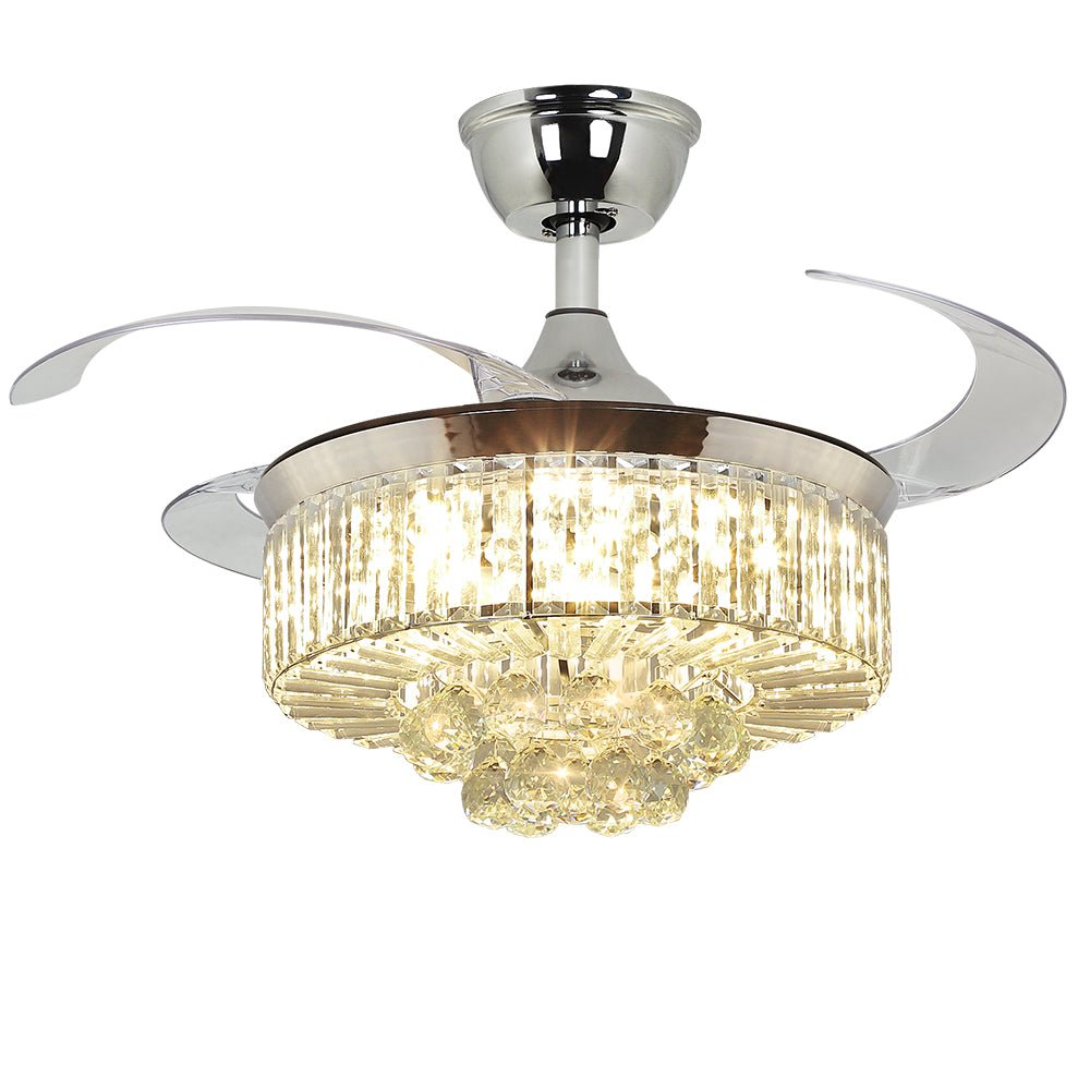 Modern Crystal Retractable Invisible Blades Fandelier - 42 Inch LED Chandelier Ceiling Fan with Remote, 3 Color Temperatures (3000K-6000K), 6-Speed Reversible DC Motor, Silver - Perfect for Bedroom, Living Room, and Dining Room Lighting