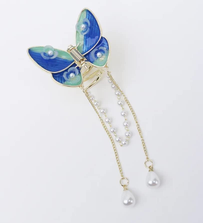 PLUCKET® Rhinestone Butterfly Hair Clips with Pearl Tassel - Small Hair Claw Barrettes for Women & Girls - Blue Hair Accessories for Parties, Weddings & Everyday Styling