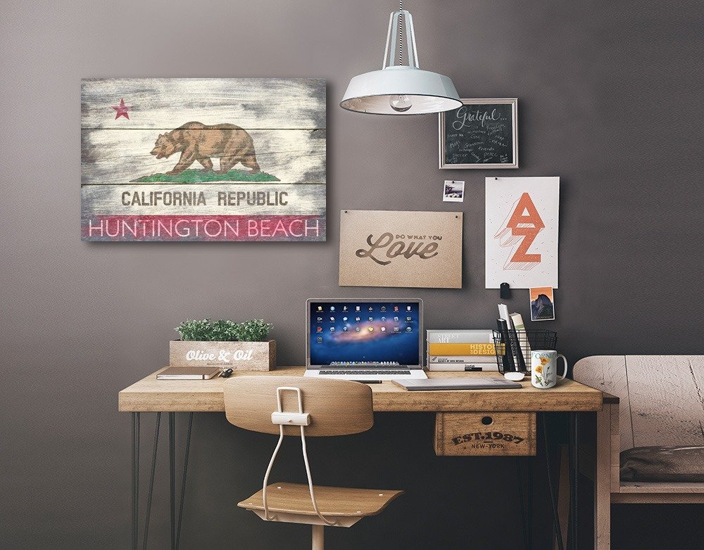 Lantern Press Huntington Beach California Rustic State Flag Art - 12x18 Wrapped Canvas Wall Decor for Home, Office & Coastal Living Spaces
