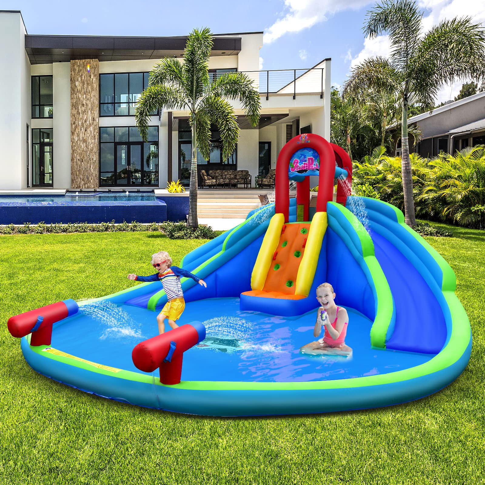 HONEY JOY Inflatable Water Slides for Kids - Bounce House with Long Slides, Climbing Wall, Splash Pool & Water Cannons | Backyard Water Park for Summer Fun | Perfect for Birthday Parties, Family Gatherings & Outdoor Play (Blower Not Included)