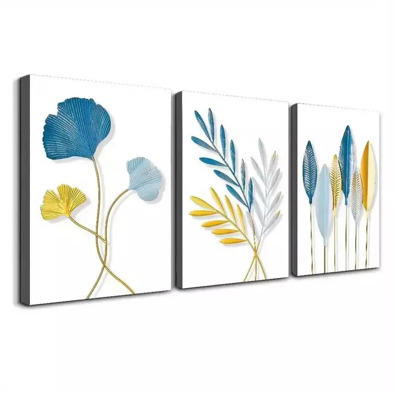 3-Piece Blue and Gold Leaf Canvas Wall Art Set - 50x70cm Framed Canvas Prints - High Quality Australian Made - Ready to Hang - Perfect for Living Room, Bedroom & Office Decor