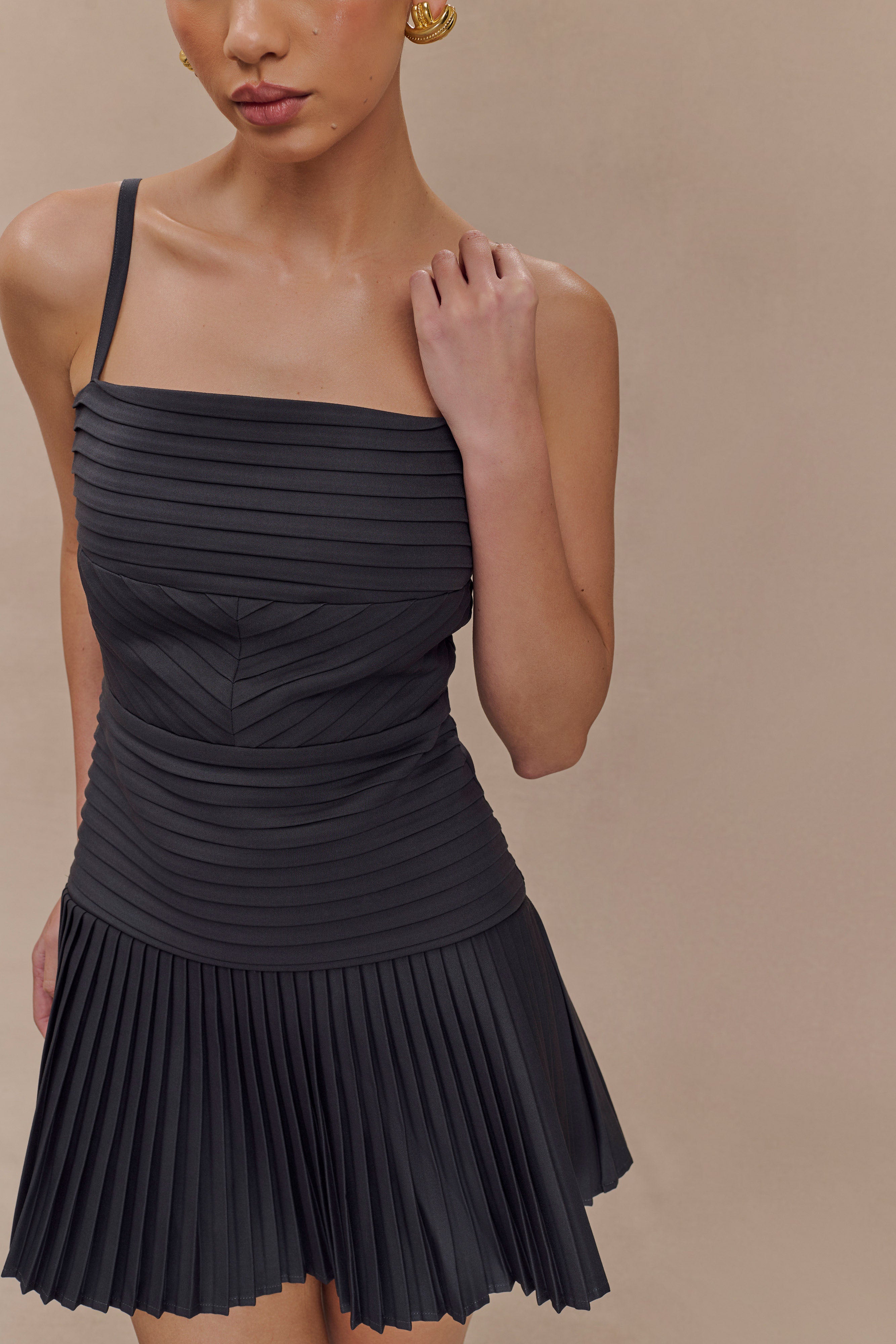 Stylish Rylee Multi Pleat Mini Dress in Charcoal - Perfect for Parties, Dates & Casual Outings