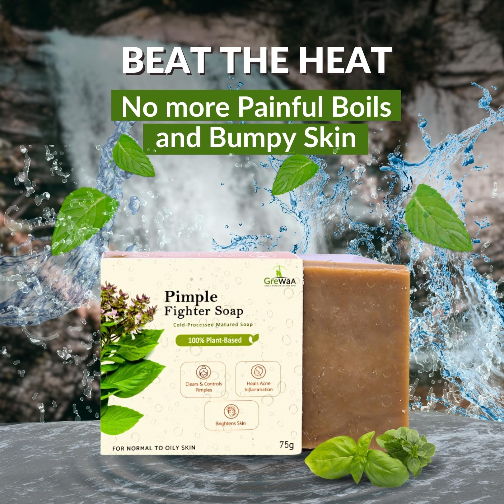 Grewaa Pimple Fighter Soap - 100% Natural Acne Treatment for Face & Body with Basil, Neem & Tea Tree Oil | Clears Oily Skin, Reduces Back Acne & Bumps on Buttocks & Arms | Gentle Daily Cleanser for Teens & Adults (75g) | Perfect for Shower, Gym & Post-Workout Skincare Routine
