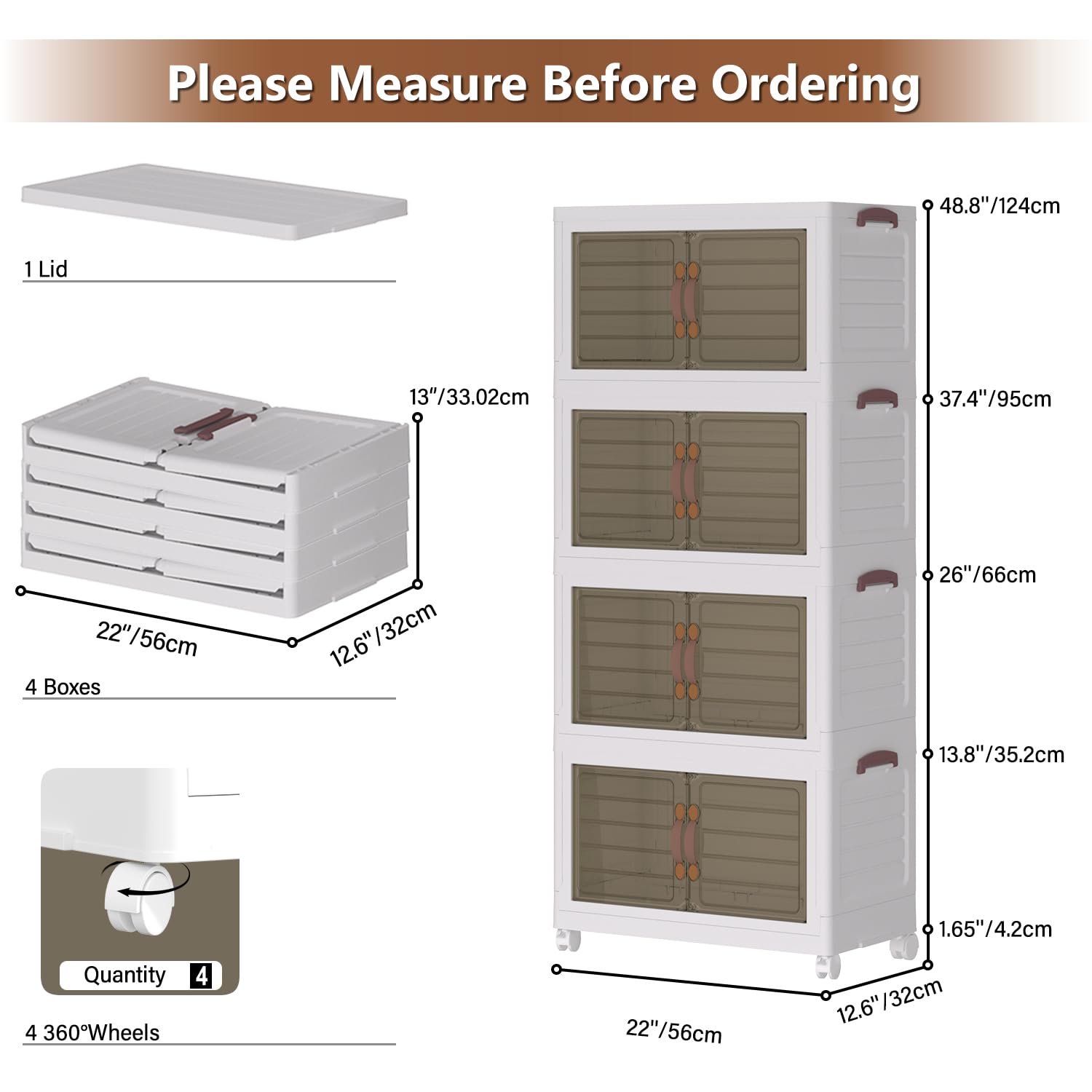 220Qt Stackable Storage Bins with Lids & Wheels - Collapsible Closet Organizer with Magnetic Suction Door - 4-Tier Plastic Storage Containers for Bedroom, Home Organization - Perfect for Seasonal Clothes, Toys & Household Items Storage
