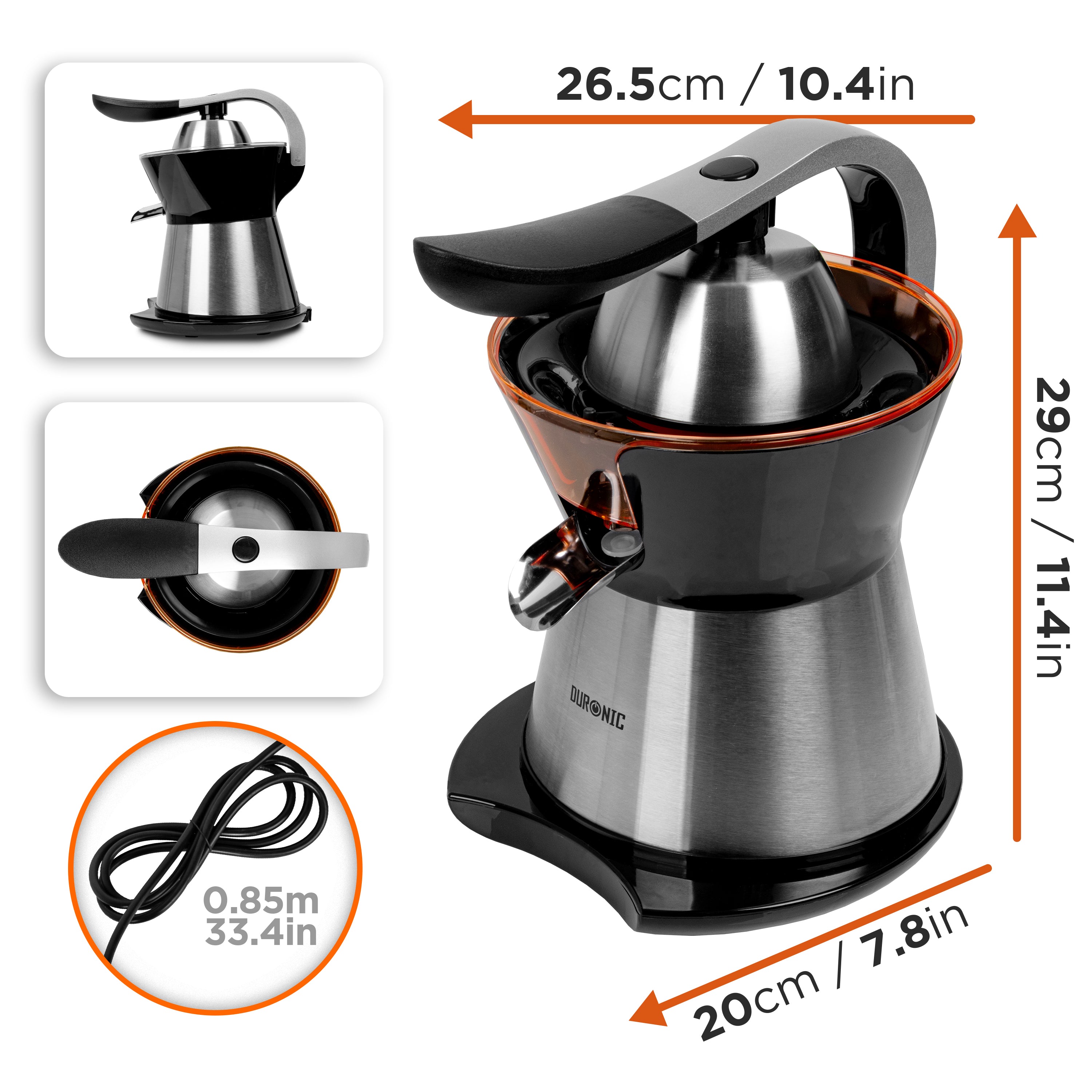 Duronic JE304 Electric Citrus Juicer - 300W Powerful Lemon & Orange Press with 2 Interchangeable Cones, Adjustable Pulp Filter & Pouring Spout - Perfect for Fresh Juice Bars, Breakfast Smoothies & Healthy Cocktails