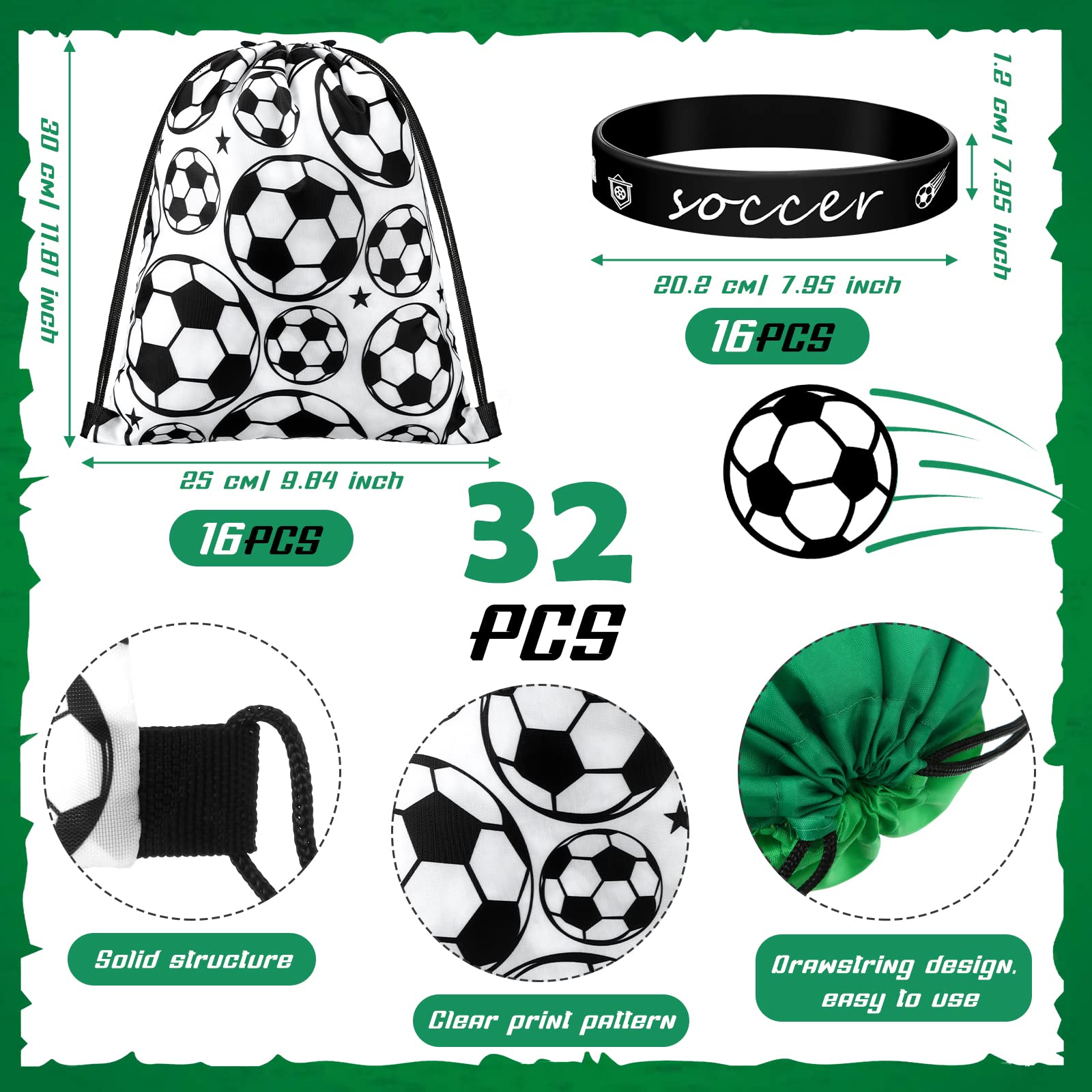 32 Pcs Soccer Party Favors Set - 16 Drawstring Goodie Bags & 16 Silicone Wristbands for Kids Birthday Party Supplies | Perfect for Soccer Themed Birthday Parties, Team Celebrations and Sports Events Gifts