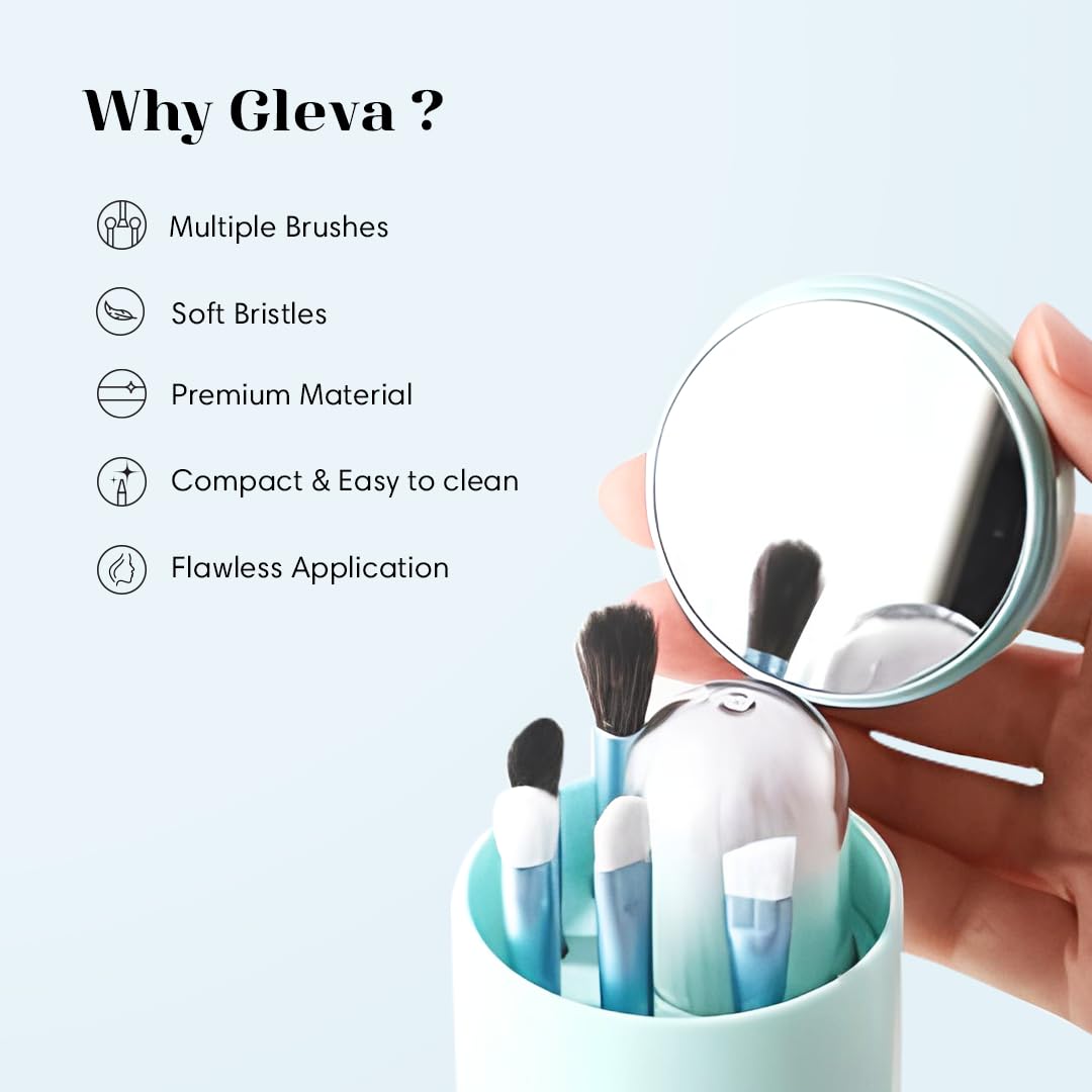 Gleva 6-Piece Travel Makeup Brush Set with Holder & Mirror - Portable Mini Cosmetic Brushes Kit for Foundation, Powder, Concealer, Eyeshadow & Eyebrow - Synthetic Bristles (Black) | Perfect for On-The-Go Makeup & Travel Essentials