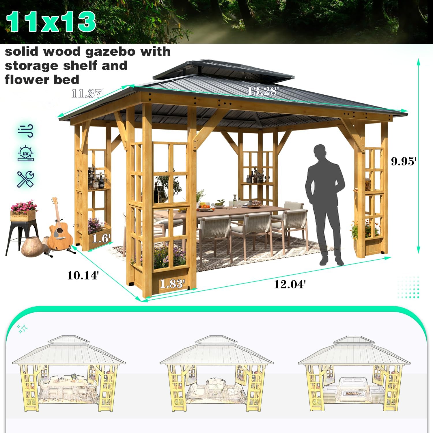 EROMMY 11' x 13' Wood Gazebo - Outdoor Hardtop Pavilion with Spruce Solid Wood Frame & Double Roof Metal Canopy - Perfect for Patio, Backyard, Deck, Garden Parties & Outdoor Relaxation