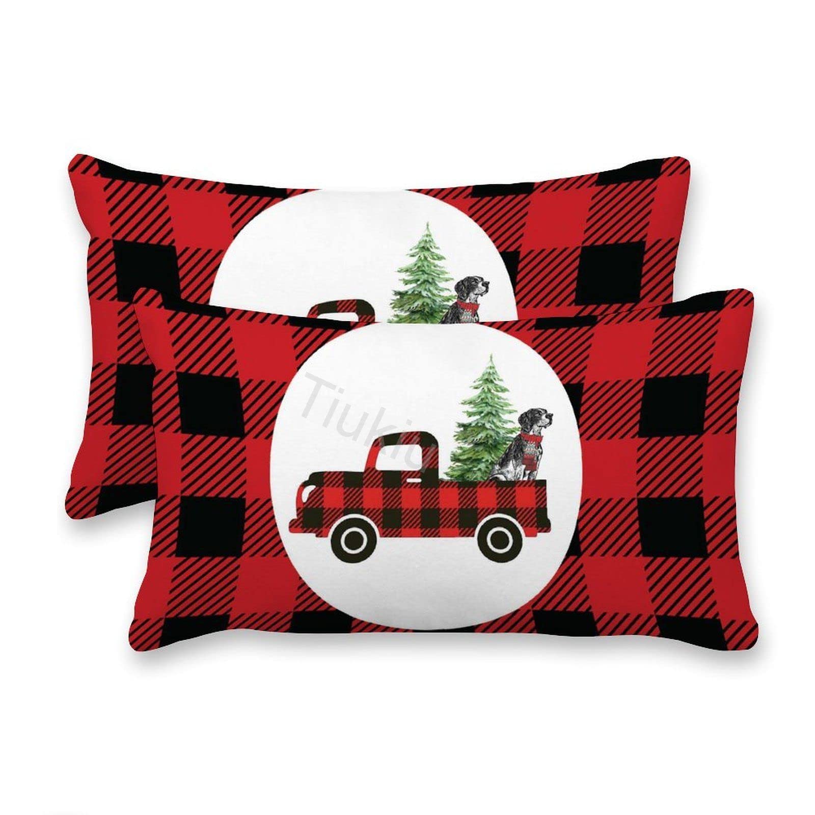 2 Pack Red Plaid Truck Design Canvas Lumbar Pillow Covers 14x24 Inches - Decorative Throw Pillow Cases for Couch, Sofa, Bed & Living Room Accent - Perfect for Farmhouse, Rustic & Country Home Decor