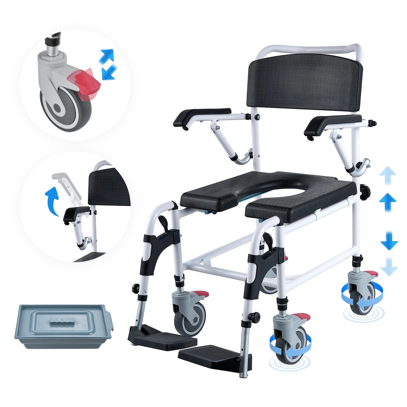 VEVOR Shower Commode Wheelchair with 4 Lockable Wheels & Flip-up Arms - Adjustable Height (3 Levels), 5L Removable Bucket & Footrests - 350 lbs Capacity - Ideal for Elderly & Disabled Adults - Perfect for Bathroom Safety & Mobility Assistance