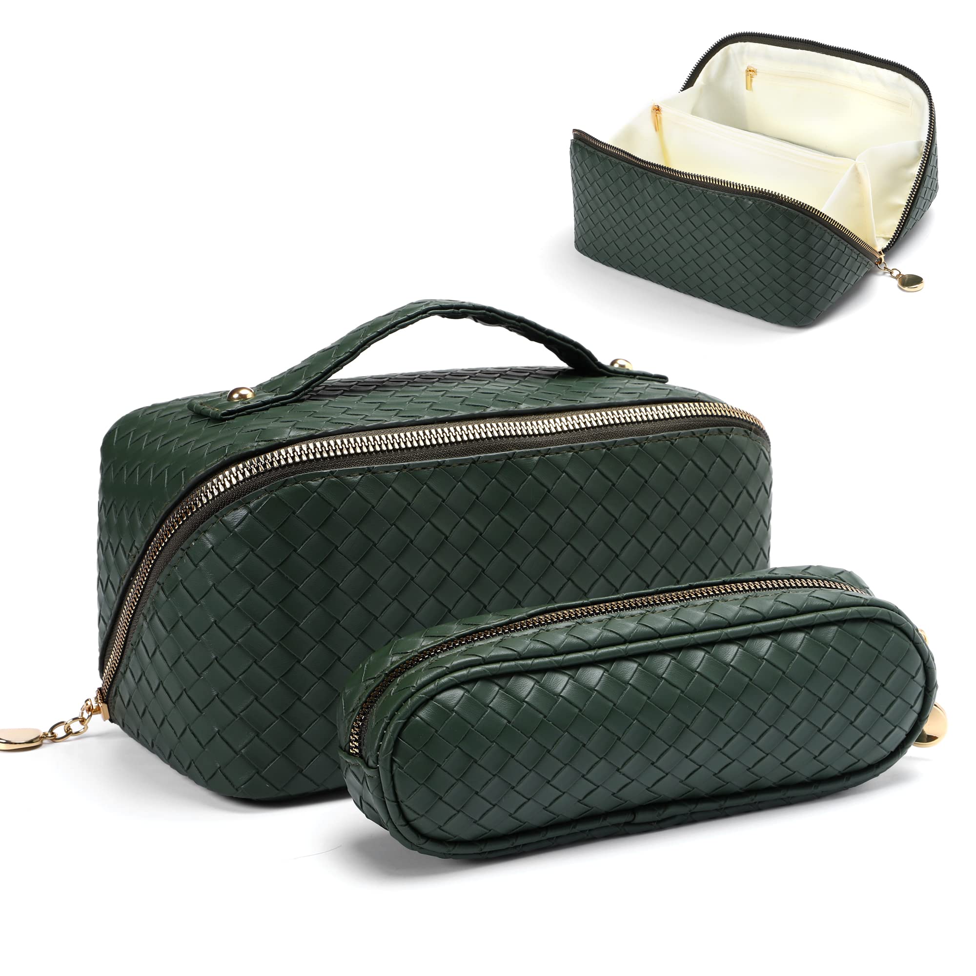 Travel Makeup Bag for Women - 2 Pack Large Leather Cosmetic Organizer Pouch with Wide Opening for Toiletries, Brushes & Accessories | Perfect for Vacation, Gym & Daily Use | Green