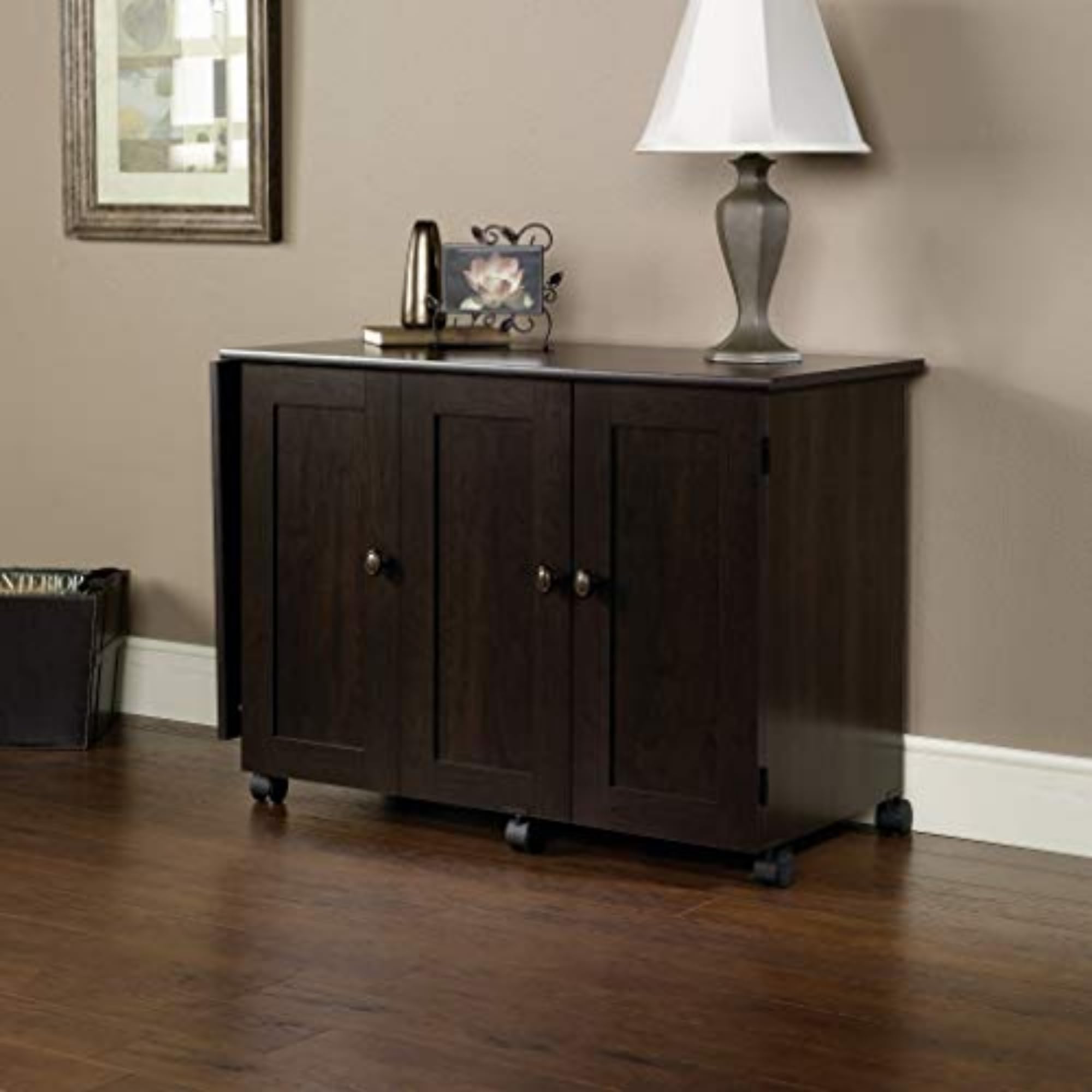 Sauder Rolling Sewing & Craft Table with Storage - Cinnamon Cherry Finish | Mobile Workstation for Sewing, Crafting & Pantry Organization