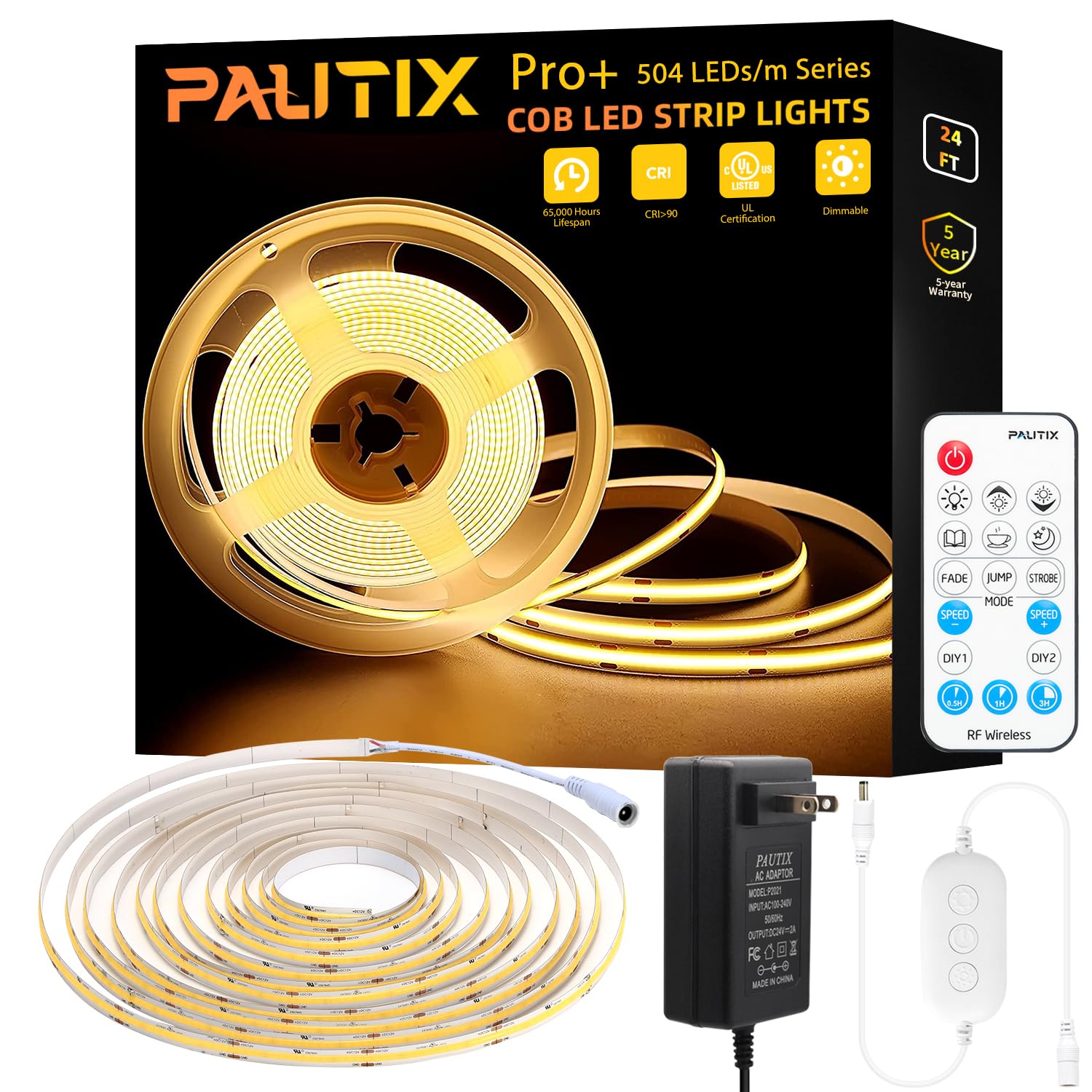 PAUTIX COB LED Strip Light 3780 LEDs - 8000 Lumen Super Bright 3000K Warm White - 24ft/7.5m Dimmable 24V LED Tape Light with 3M Adhesive & RF Remote (Timer Function) - 48W Power Adapter - Perfect for Bedroom, Kitchen, Home DIY Lighting Projects
