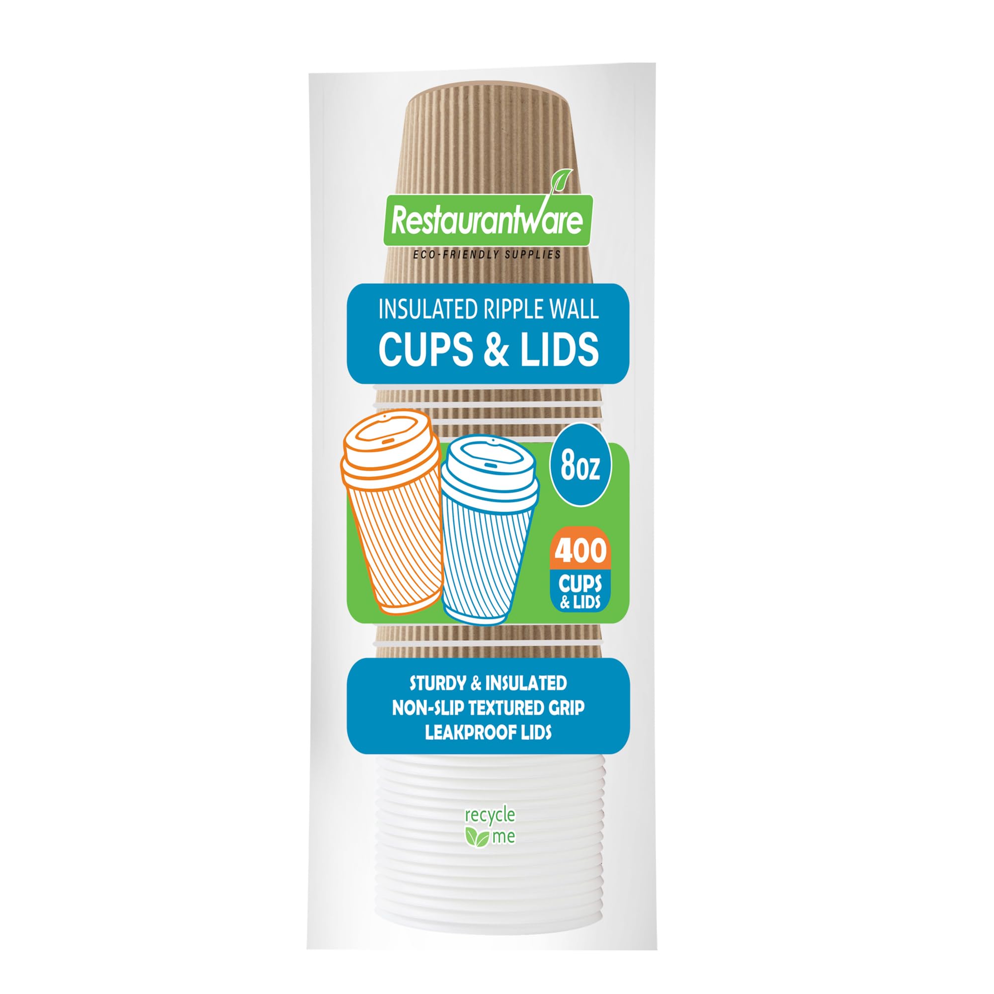 Restaurantware 8oz Insulated Coffee Cups with Lids - 400 Pack Leakproof Kraft Paper Hot Cups for Tea, Hot Chocolate & Lattes - Eco-Friendly Disposable Ripple Wall Design for Cafes, Offices & Events
