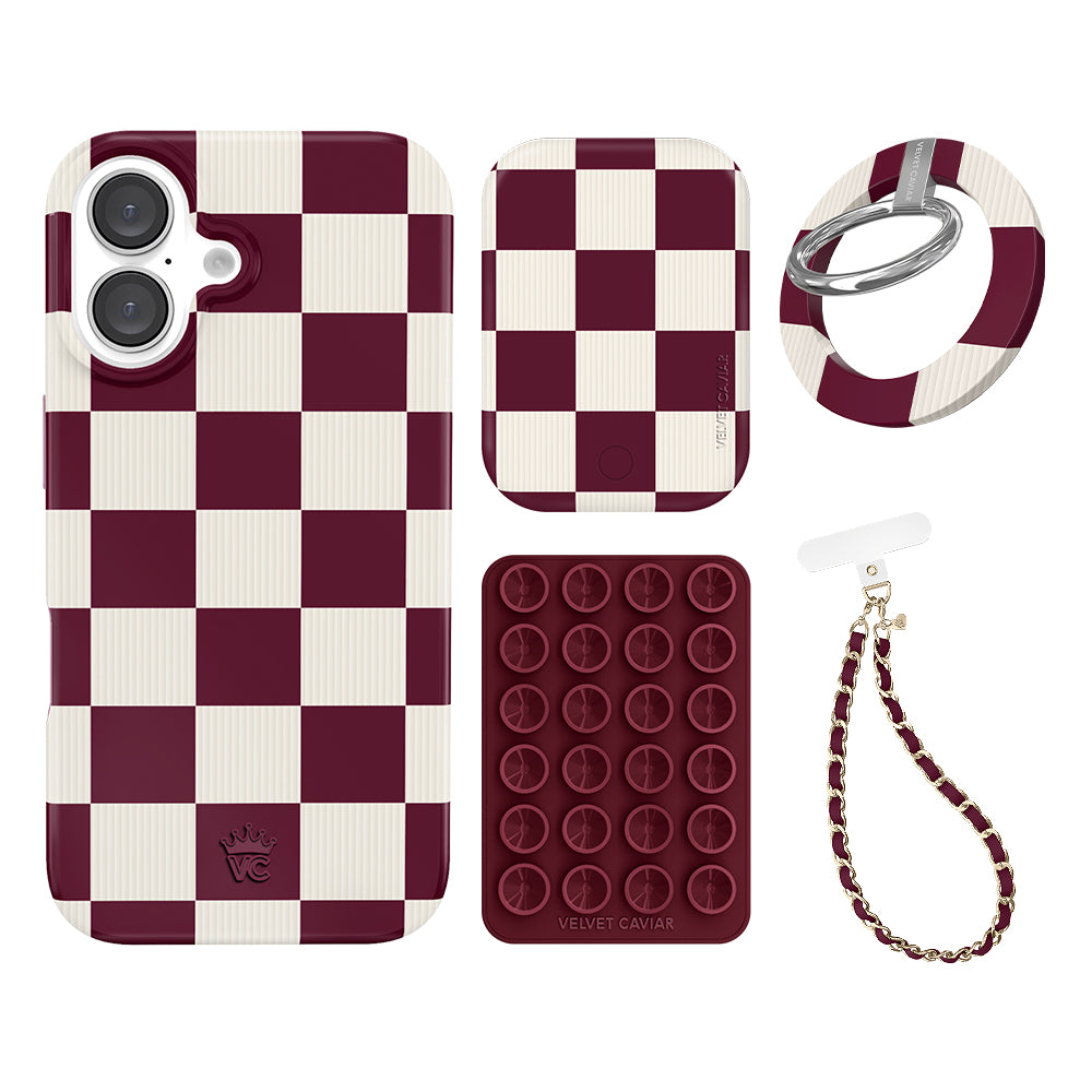 Burgundy Checkered iPhone Case with Grip - Stylish Protective Phone Cover for iPhone 13/14/15 - Perfect for Everyday Use, Travel, and Work